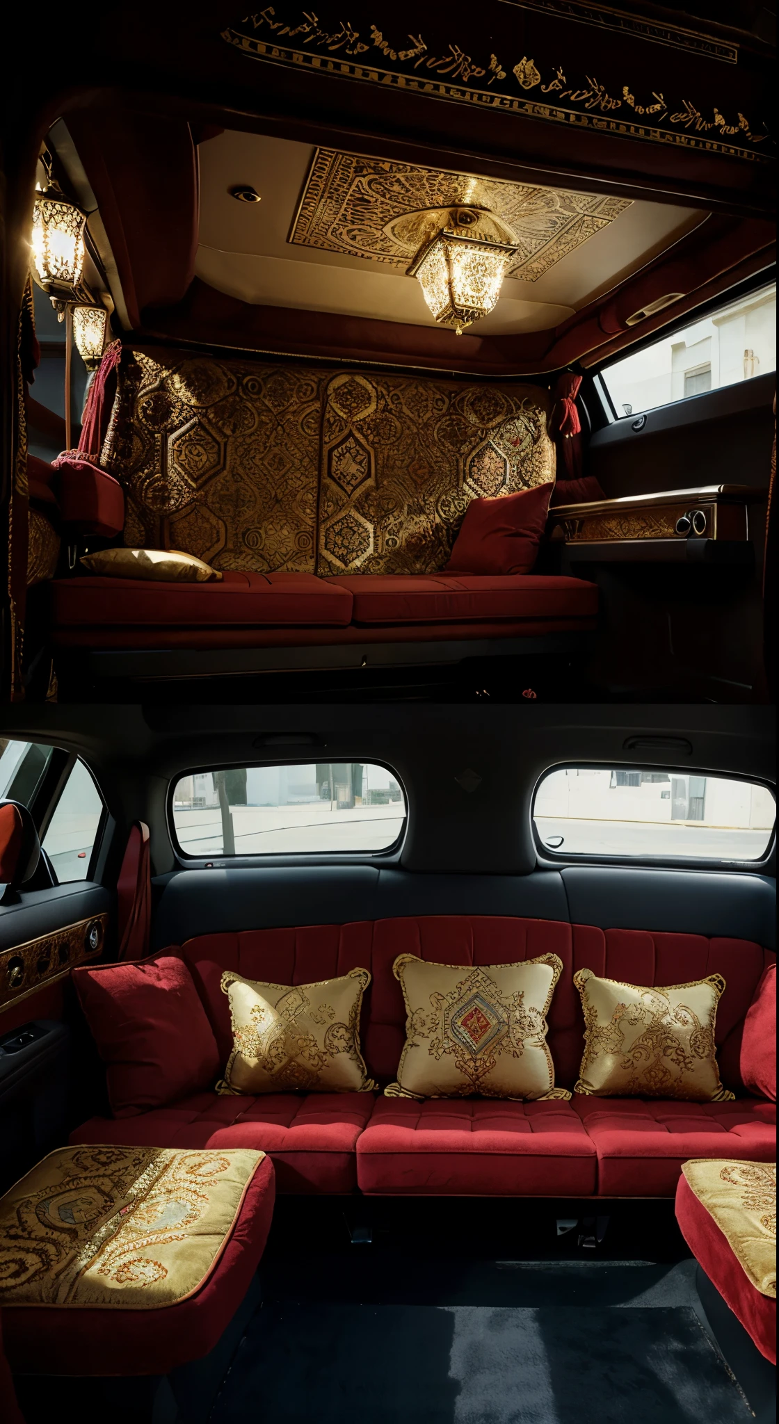 A car crafted entirely from luxurious Persian carpets, adorned with intricate patterns of deep reds, blues, and golds. Golden tassels and beaded details shimmer in the sun, while Arabic calligraphy-inspired rims grace its wheels.
Inside, plush velvet seats embroidered with crescent moons and stars invite passengers to relax in opulence. Lanterns cast a warm glow, enveloping the car in a celebration of Ramadan.