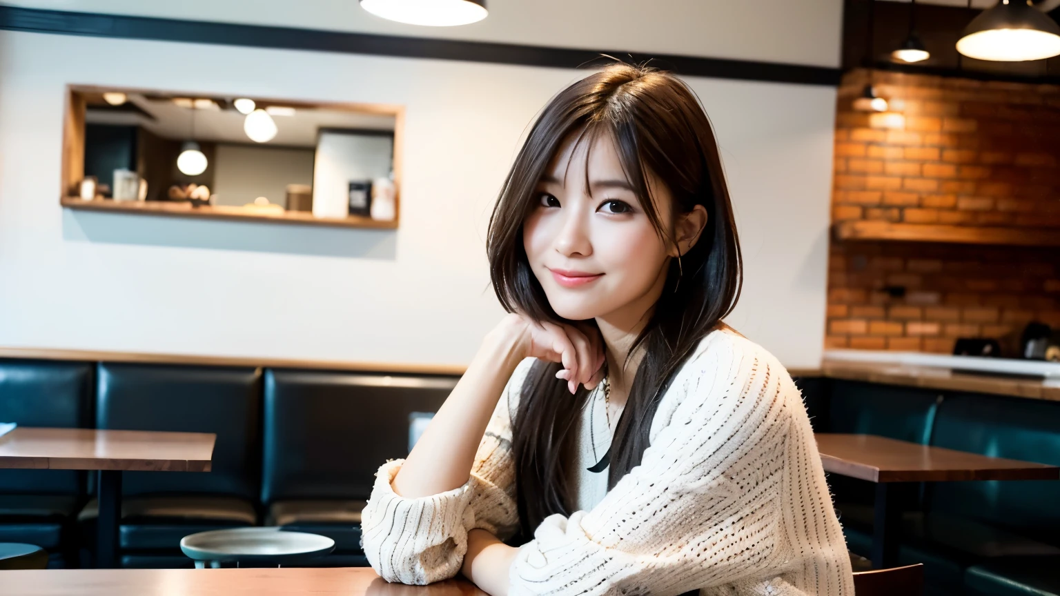 (最high quality、8k、32K、masterpiece:1.2)、A photo of a female college student who looks like a cute model、normal breasts、short bob hair、Upper body、face focus、refreshing white shirt、necklace、look at the audience、background a trendy coffee shop with a unique aesthetic and atmosphere. Incorporate elements like modern furniture, artistic decoration, and ambient lighting to enhance the ambiance. People who enjoy drinks々Consider including, engaging in conversation, or quietly working on laptops. Let your creativity flow、In this chic café setting「stable diffusion」Let the idea come to life, I can see other customers enjoying themselves too...。At the back of the cafe、Staff are busy working at the counter.、Feel the liveliness of a city cafe, sharp focus, 1 girl, sexy 1.2, brown hair, With bangs, fine eyes, Beautiful eyes with slit length, double eyelid, (cat face), (cute Face), cute Smile, (close your mouth), (cute), soft skin, surreal, Super detailed, high quality, (A caring and kind female college student), ((詳細な非常にcute女子大生)), The season is spring