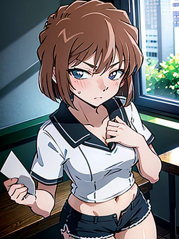 Ai Haibara, (hold an envelope to your chest)、classroom、after school、blush、embarrassing、short sleeve、shorts、UHD, retina, masterpiece, ccurate, anatomically correct, textured skin, super detail, high details, high quality, best quality, highres, 4K