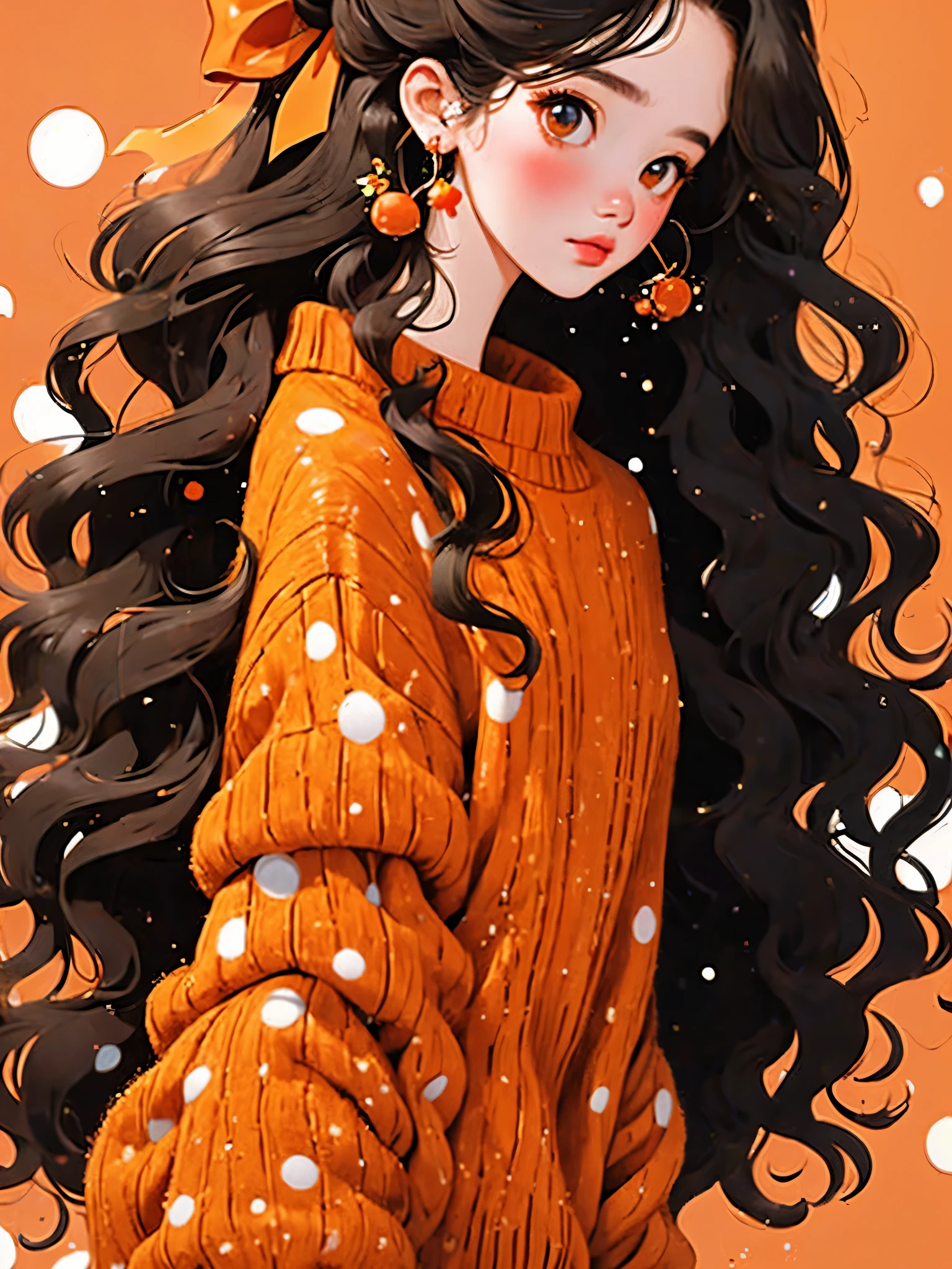 (masterpiece, highest quality:1.2),beautiful girl，Skin detail processing，The eyes are detailed，delicate hair，long wavy hair，bright long hair，wear a big orange ribbon on your head，black sweater，white dot，skirt，retro contrast colors，pretty background,clivia flower