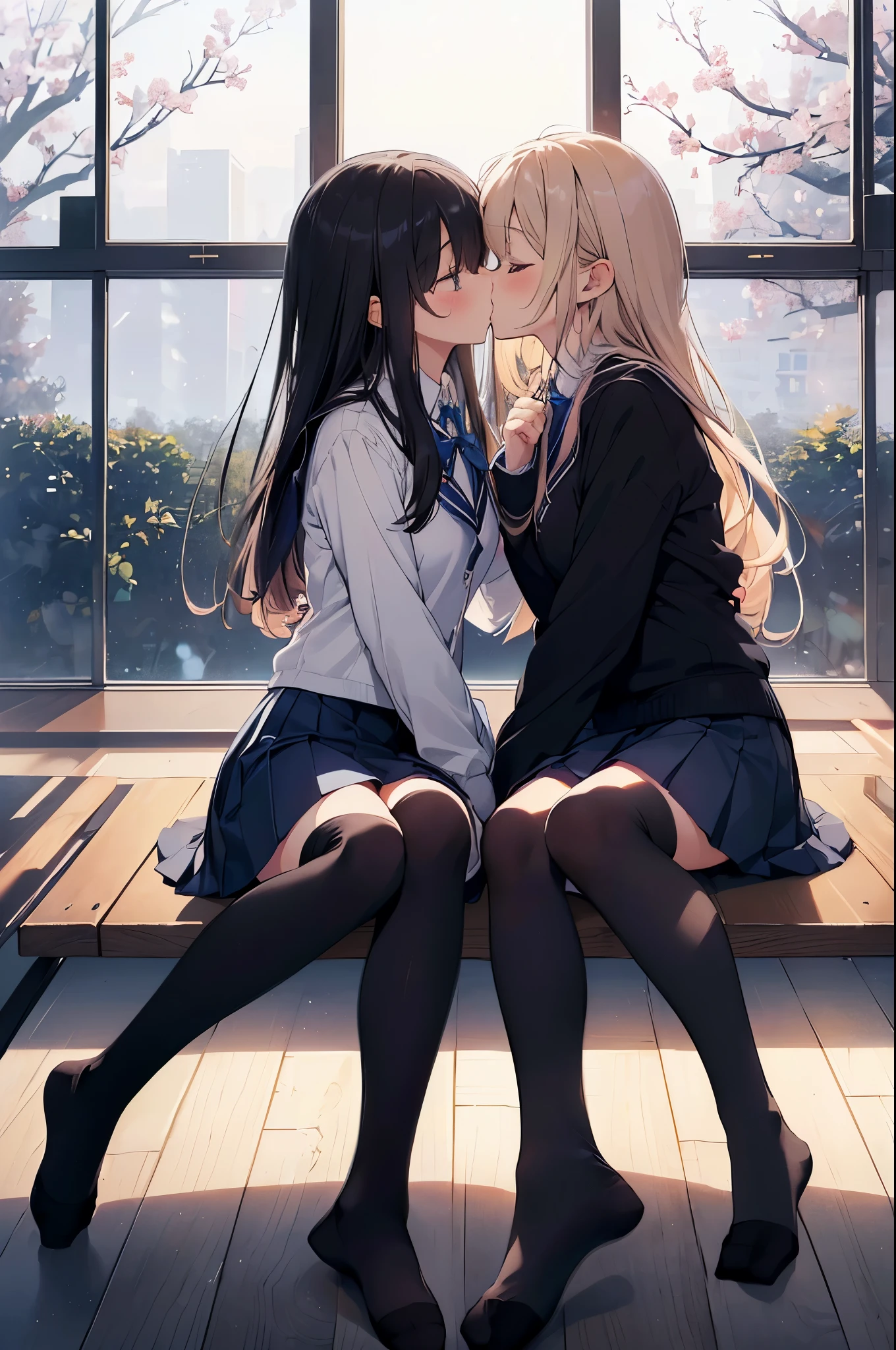 2 girls, (school uniformの少女二人:1.2)、school classroom、evening、hug each other、((kiss:1.1))、 highest quality, High resolution, masterpiece、smile、(2 girls),(beautiful eyes、depicted in detail、pay close attention to detail、masterpieceサイドライト、masterpiece、highest quality、get used to it、High resolutionのイラスト),delicate makeup、soft focus ground bokeh、(highest qualityのイラスト:1.2),school uniform, (black socks:1.4),navy blue blazer、white shirt、blue ribbon、gray knee-length pleated skirt
