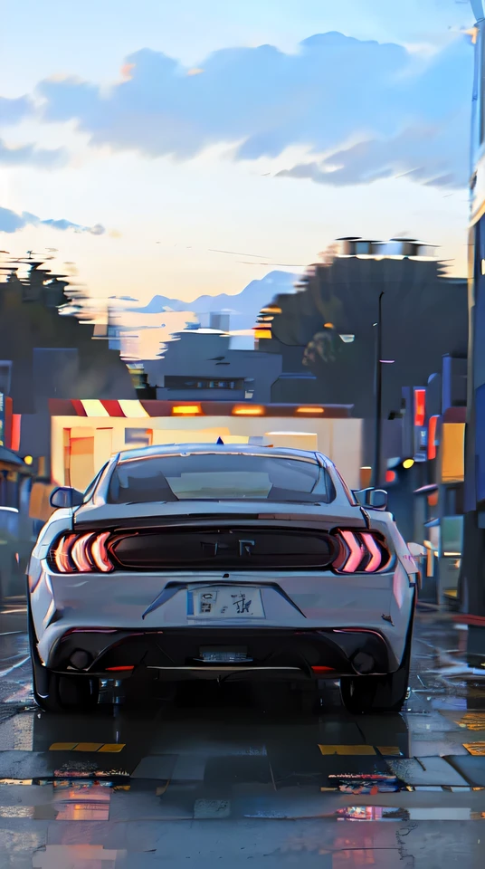 white Ford Mustang, crowded City, night, blur background, wet road