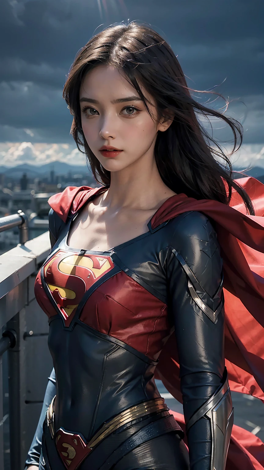 Woman wearing detailed SuperMan costume with full sleeves covering the entire body, serious face, (flying in sky), vivid colors, dramatic lighting, red cape, cinematic costume, carbon fiber detailed suit,