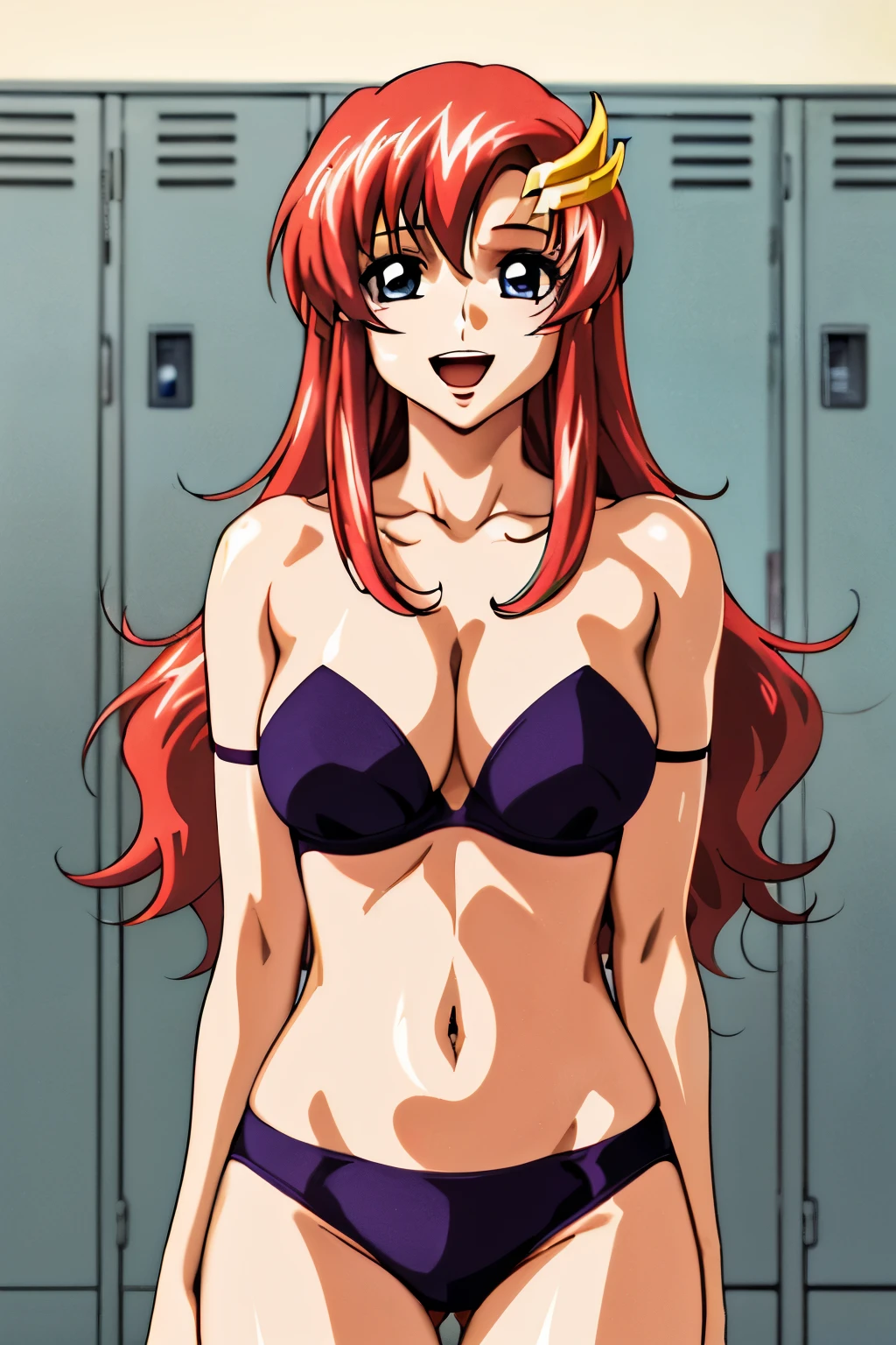 lacus4, stars effects, (strapless bra, arm band, medium springy breasts, long belly, masterpiece, leaning on door, very slim shoulders, 4K, Best Quality, Anime style: 1.9, happy, Adult Woman, (ultra detailed head), (locker room), Drawing lines, high resolution, lacus4), 1girl, Solo, curvy figure, Long hair, clavicle, scapular, (Detailed wide hair bangs, Hair Ornament, Detailed reddish-pink hair, shiny streaks, slim arms, detailed golden crest), cleavage, large hands, (hair cover shoulders). (Big blue eyes, shiny eyes), ((slim body, slim arms)), ((perfect proportions, medium springy breasts, long belly, open mouth)), ((totally red bra, neck band,))), smile, (hot colors), detailed fingers, (bare shoulders)
