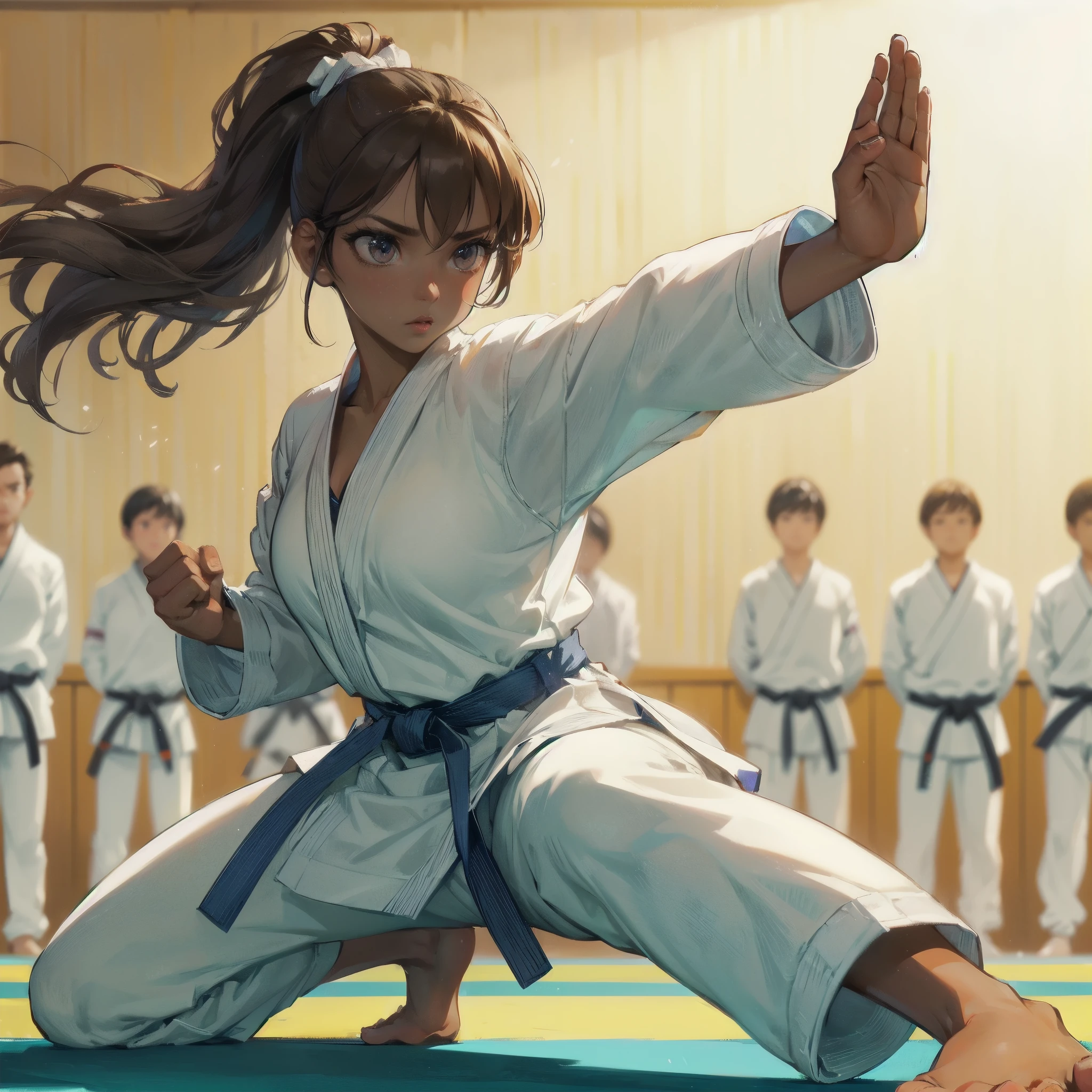 high quality,HD,16k,sharp lines,1 girl,Female karate athlete ,cute face, large breasts, nice legs,At the karate venue,focus girl,detailed beautiful face,detailed clothes,beautiful eyes,cool,dynamic angle