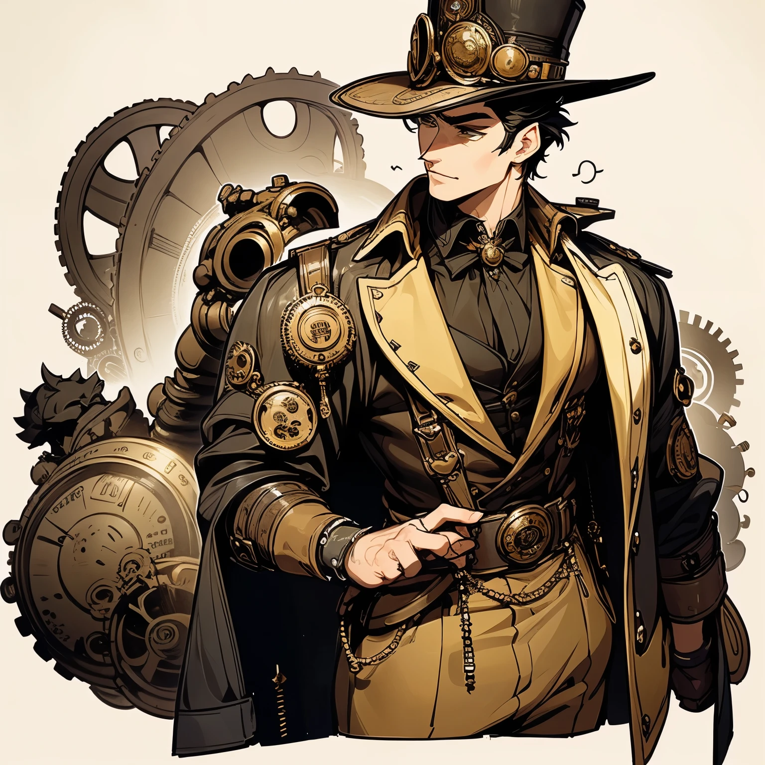 Design a male steampunk character for an AI image generator. This character should embody a fusion of Victorian-era style with sophisticated technological and mechanical components. Provide him with vintage-inspired attire that integrates modern elements, such as a coat adorned with advanced gadgets. Consider incorporating accessories like hats or goggles filled with intricate machine gears. Ensure the character emanates a rugged and confident demeanor, while maintaining a strong masculine presence within the steampunk aesthetic.