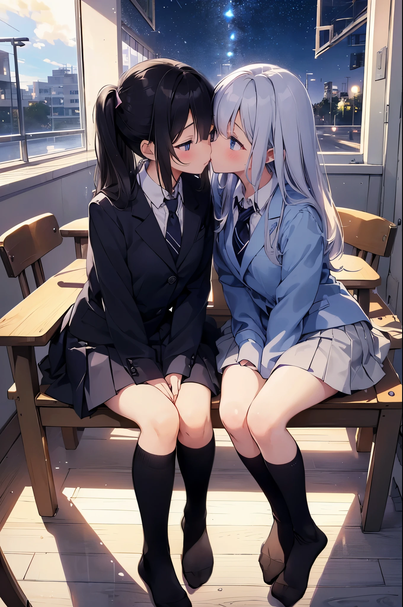 2 girls, (school uniformの少女二人:1.2)、school classroom、evening、hug each other、((kiss:1.1))、 highest quality, High resolution, masterpiece、smile、(2 girls),(beautiful eyes、depicted in detail、pay close attention to detail、masterpieceサイドライト、masterpiece、highest quality、get used to it、High resolutionのイラスト),delicate makeup、soft focus ground bokeh、(highest qualityのイラスト:1.2),school uniform, (black socks:1.4),navy blue blazer、white shirt、blue ribbon、gray knee-length pleated skirt