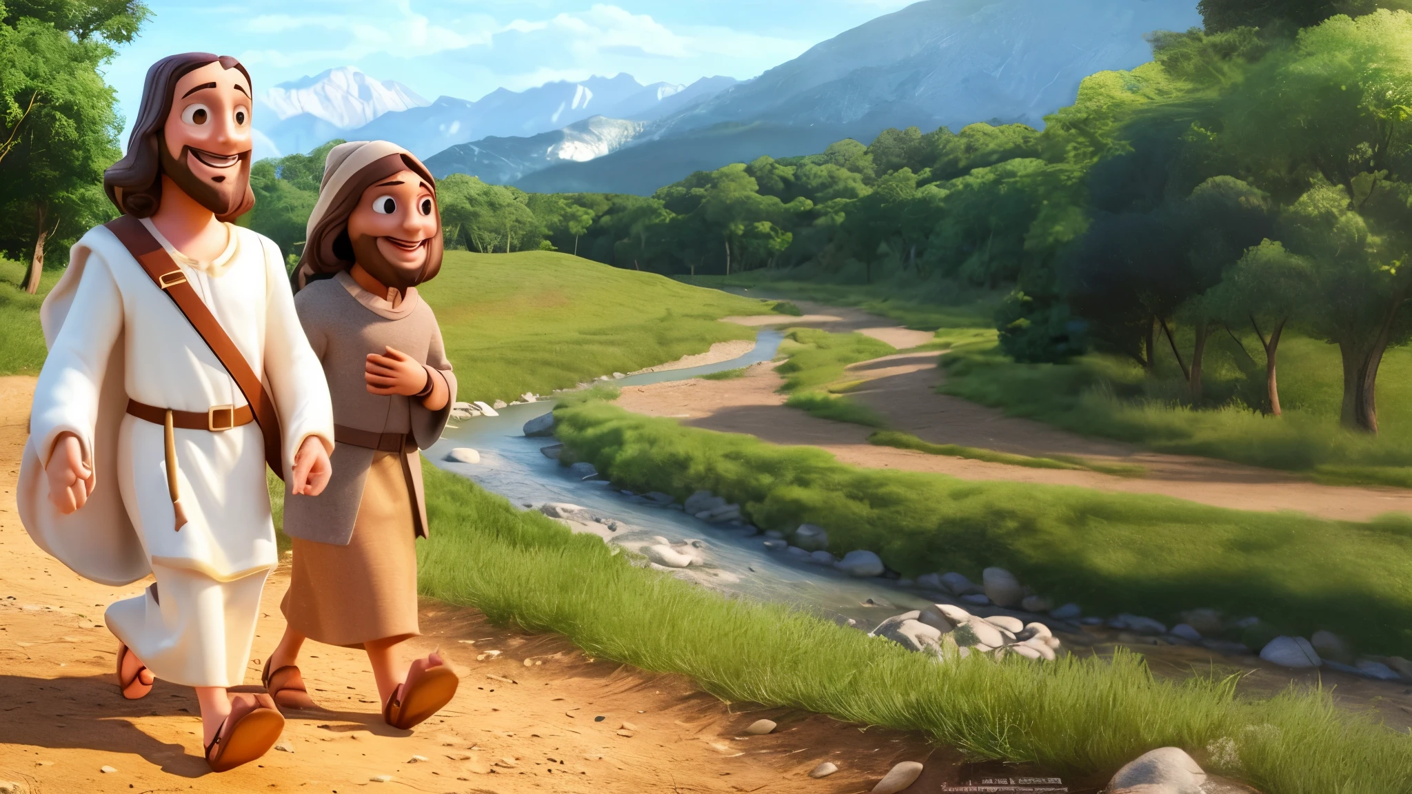 imagem arafada de Jesus e um homem andando por uma estrada de terra, filme animado, filme animado still, animated film still, filme animado scene, 3 d filme animado, filme animado, animated film, filme animado shot, animation still, filme animado still, filme ainda 8k, filme da disney pixar ainda, ainda de um filme da pixar de 2015