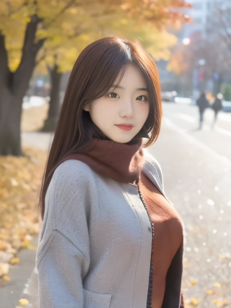 Professional high quality photos,Beautiful autumn leaves,gravure photo,(A young woman in plain clothes with little exposure),(big breasts),(blur the background),4K resolution