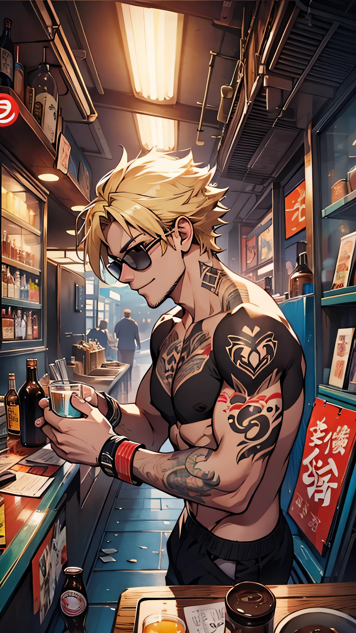 最high quality、best image quality、masterpiece、male((20-year-old、 By becoming、wide open breast tea、輝くeye, blonde、shortcut、Wristband、stubble、muscular、eye、sunglasses、full body tattoo、smile、holding beer bottles、barテンダーの衣装)),high quality、beautiful art、background((Tokyo,bar))、Flight、debris flies、Depth of written boundary、movie、visual art、perfect art、8k,genuine、