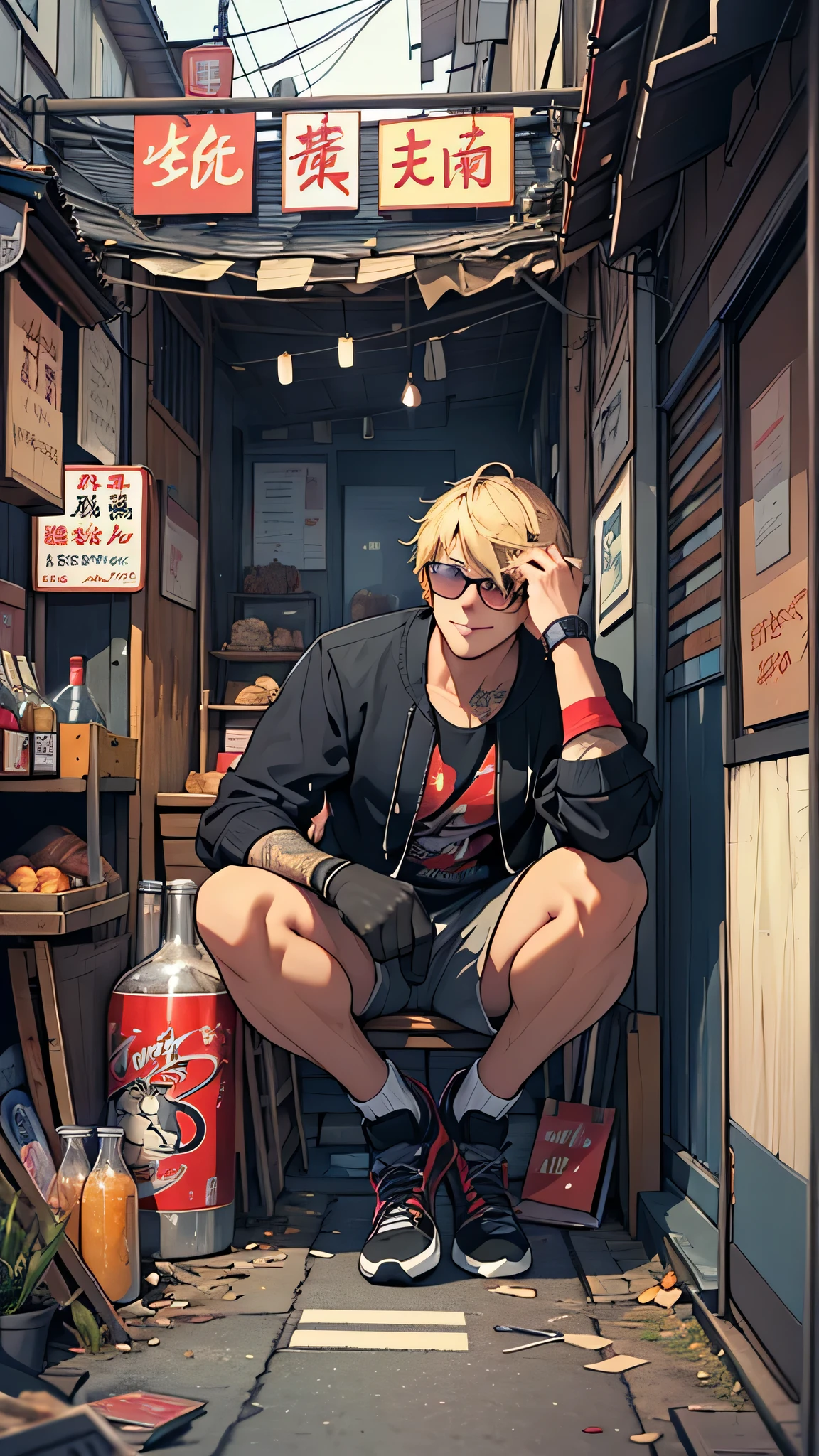 最high quality、best image quality、masterpiece、male((20-year-old、 By becoming、wide open breast tea、輝くeye, blonde、shortcut、Wristband、stubble、muscular、eye、sunglasses、full body tattoo、smile、holding beer bottles、barテンダーの衣装)),high quality、beautiful art、background((Tokyo,bar))、Flight、debris flies、Depth of written boundary、movie、visual art、perfect art、8k,genuine、