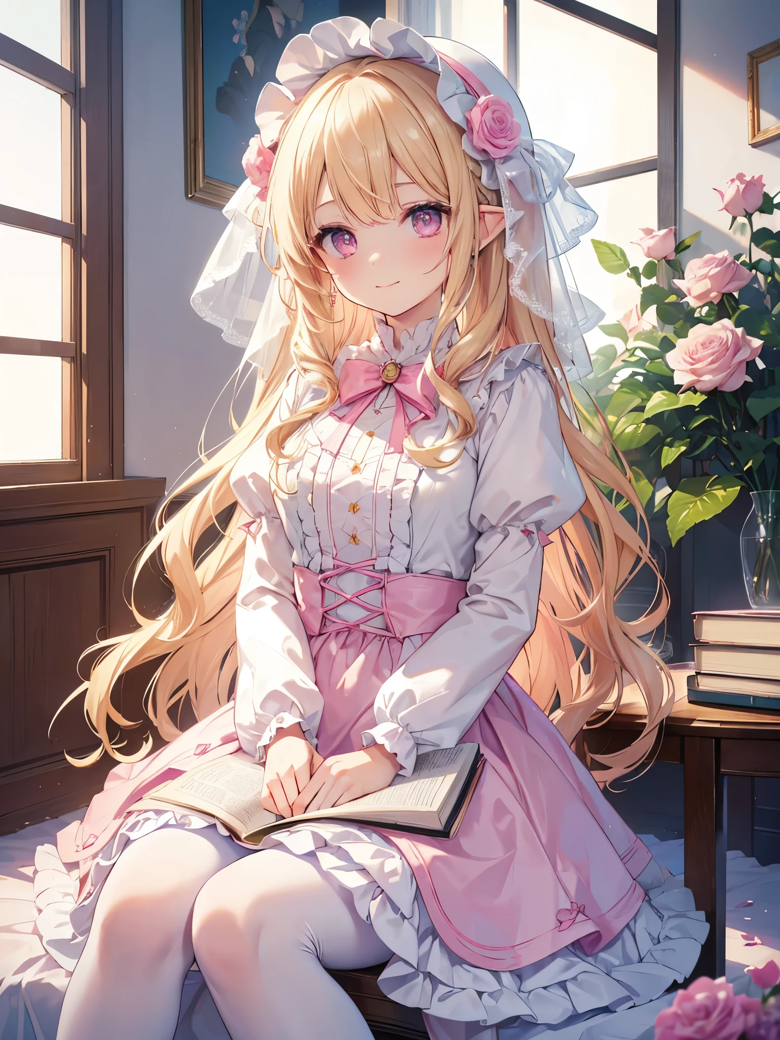 ((masterpiece,High resolution,8K quality,super delicate,highest quality)),girl,young girl,Chiquita,((highly detailed face)),goblin,delicate eyes,(Pink glowing eyes, yellow, And blue),(hairstyle:long wave,strong wavy hair,soft wavy hair,blonde),pointed ears,Lens flare,white and pink lolita dress,white ruffles,Half bonnet with pink roses on white fabric,white panniers,pink tights,shy smile,Pink Rose Garden,Light of the sun,pink petals,Sitting in a white chair,I read a book,