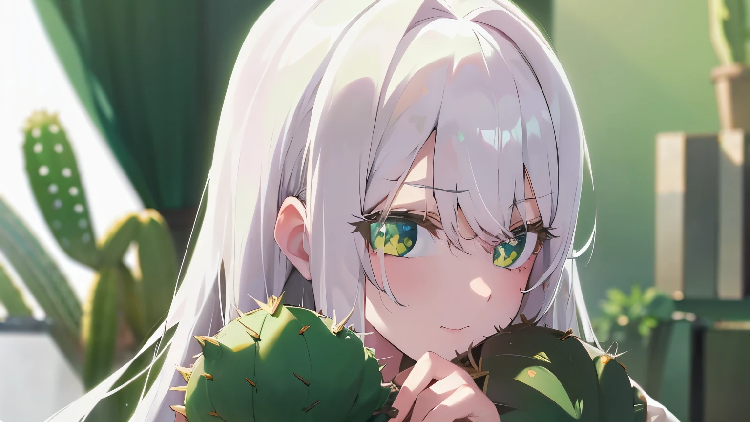 girl White hair and Green eyes long hair with a cactus with cute face