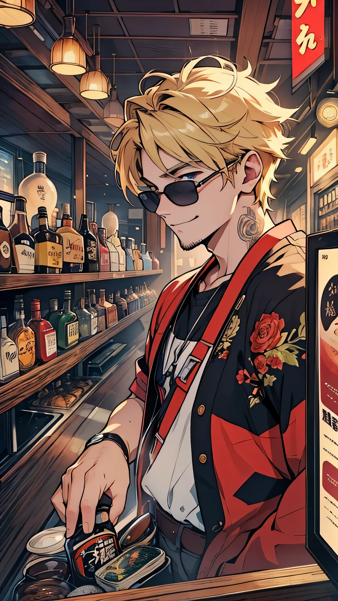 最high quality、best image quality、masterpiece、male((20-year-old、 By becoming、wide open breast tea、輝くeye, blonde、shortcut、Wristband、stubble、muscular、eye、sunglasses、full body tattoo、smile、have a guitar、guitar playing、barテンダーの衣装)),high quality、beautiful art、background((Tokyo,bar))、Flight、debris flies、Depth of written boundary、movie、visual art、perfect art、8k,genuine、