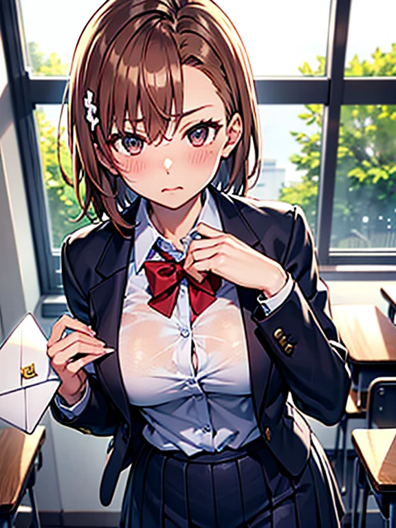 Misaka Mikoto、 (hold an envelope to your chest)、classroom、after school、blush、embarrassing、uniform、UHD, retina, masterpiece, ccurate, anatomically correct, textured skin, super detail, high details, high quality, best quality, highres, 4K