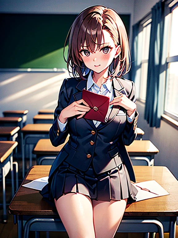 Misaka Mikoto、 (hold an envelope to your chest)、classroom、after school、blush、embarrassing、uniform、UHD, retina, masterpiece, ccurate, anatomically correct, textured skin, super detail, high details, high quality, best quality, highres, 4K