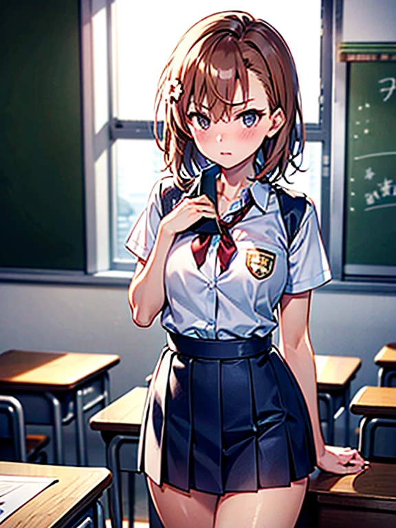 Card Games Poker, Misaka Mikoto, The background is the classroom, highest quality, 1girl, uhd, retina, masterpiece, ccurate, anatomically correct, textured skin, super detail, high details, high quality, best quality, highres, 4K