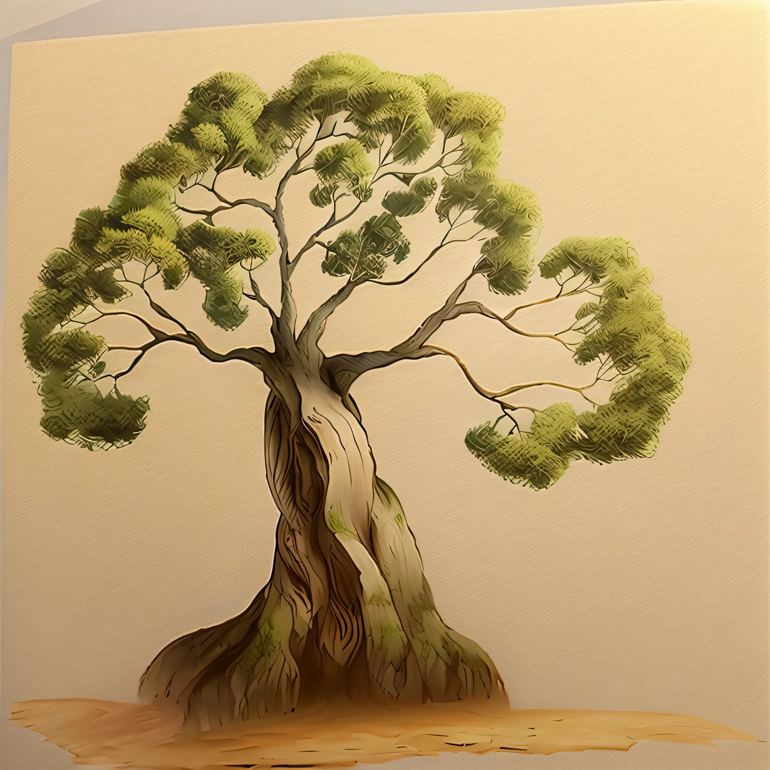 giant tree dessin stylo bille, arbre roi aux mille feuilles, high detail, Serenity, paix,