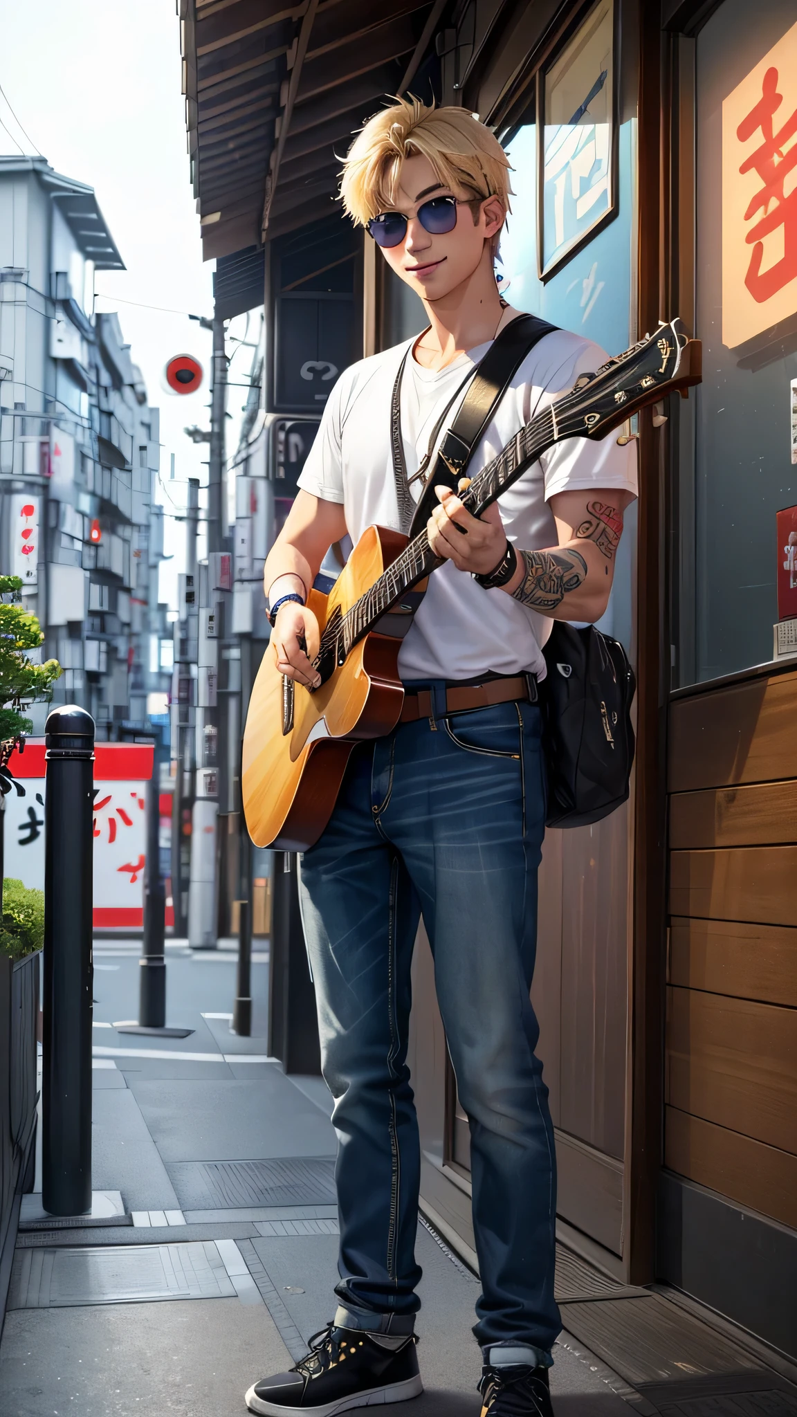 最high quality、best image quality、masterpiece、male((20-year-old、 By becoming、wide open breast tea、輝くeye, blonde、shortcut、Wristband、stubble、muscular、eye、sunglasses、full body tattoo、smile、have a guitar、guitar playing、barテンダーの衣装)),high quality、beautiful art、background((Tokyo,bar))、Flight、debris flies、Depth of written boundary、movie、visual art、perfect art、8k,genuine、