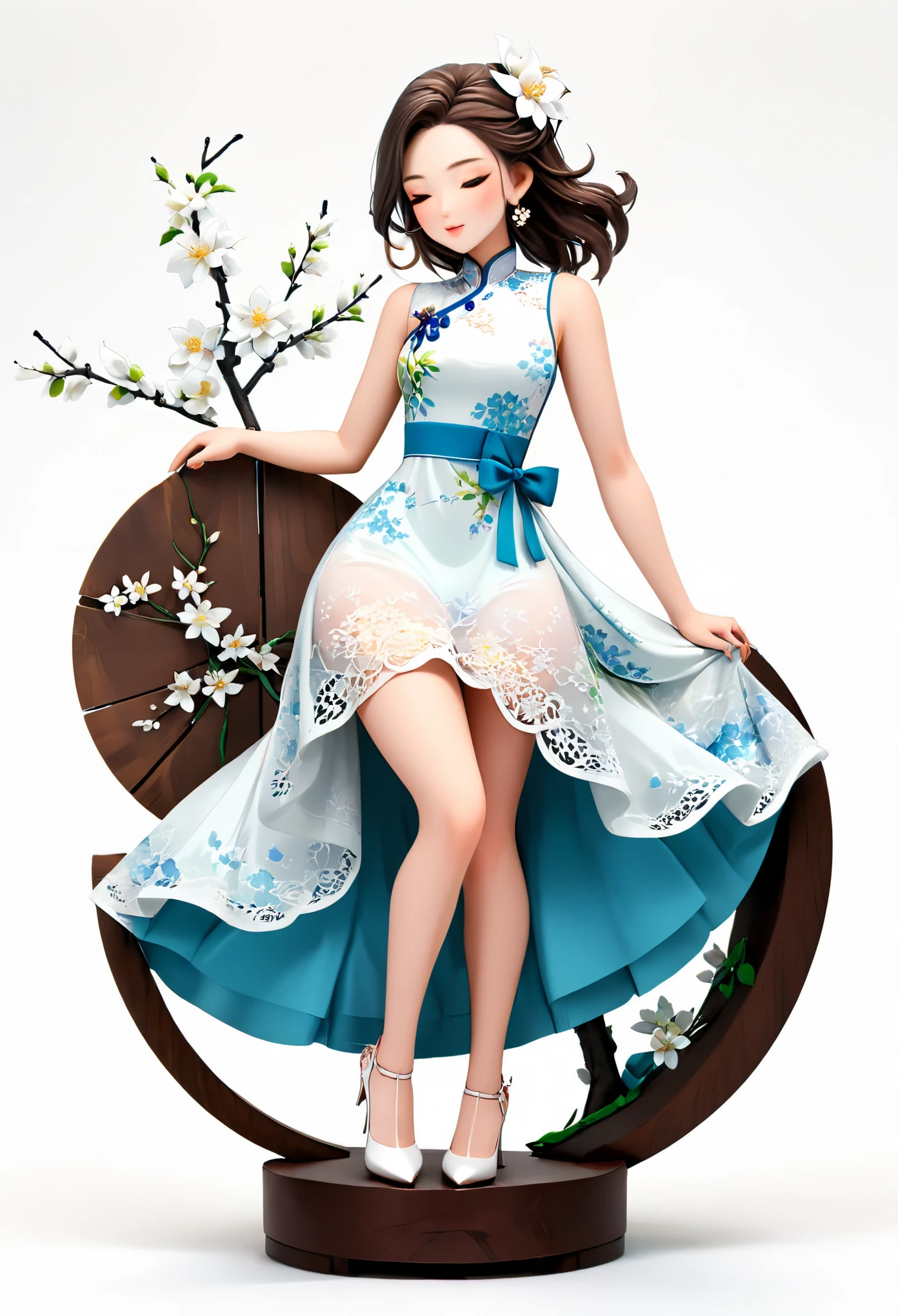 (Blind Box Spielzeug Stil:1.2),full body, solo,white background,(1 Beautiful girl Models ,Stand on a round wooden base，white Jasmine dress, high heels),(Oriental elements, Chinese color,Very colorful),3D