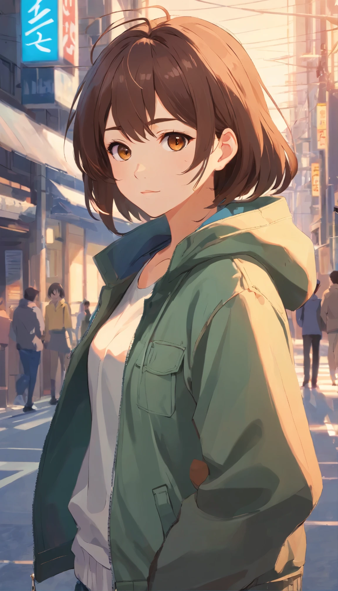 A beautiful and cute girl, wearing jacket, decent look, handsome girl, attitude, beautiful brown eyes, brown hair, cool style, 16y, detailed face, 8k