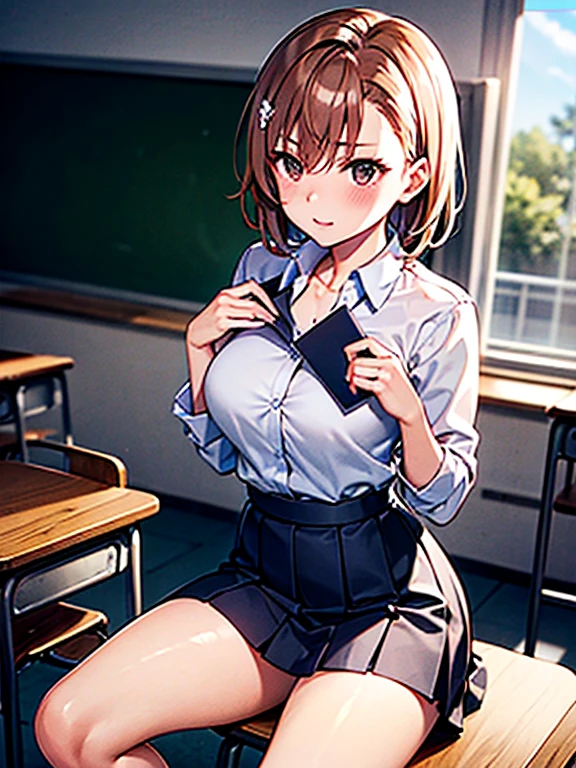 Misaka Mikoto、 (hold an envelope to your chest)、classroom、after school、blush、embarrassing、uniform、UHD, retina, masterpiece, ccurate, anatomically correct, textured skin, super detail, high details, high quality, best quality, highres, 4K