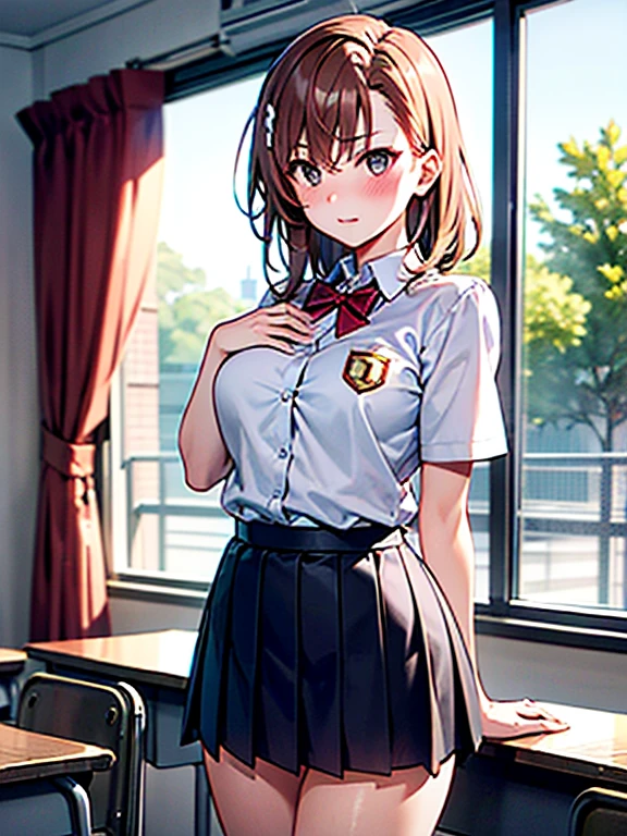 ((Tabletop, highest quality, High resolution,, Pixel Perfect, 4K, ))), One Girl, , beauty、The whole body is visible、 ((Mid-wave hair, bangs, Brown Hair)), ((Brown eyes, Beautiful eyelashes, Realistic eyes)), ((Detailed face, Blushing:1.2)), ((Smooth texture:0.75, Realistic texture:0.65, Realistic:1.1, Anime CG Style)), Center of chest, Dynamic Angle, Perfect body, ((Red bow tie, , , White shirt, Black plaid skirt)), School locker room、Standing at the locker、Very embarrassing panic smile, 、look back、Stick your buttocks out big、Leaning forward、Sitting on the floor(、、Use both hands to lift your skirt and show your butt、Light blue floral lace panties)、Angle from below