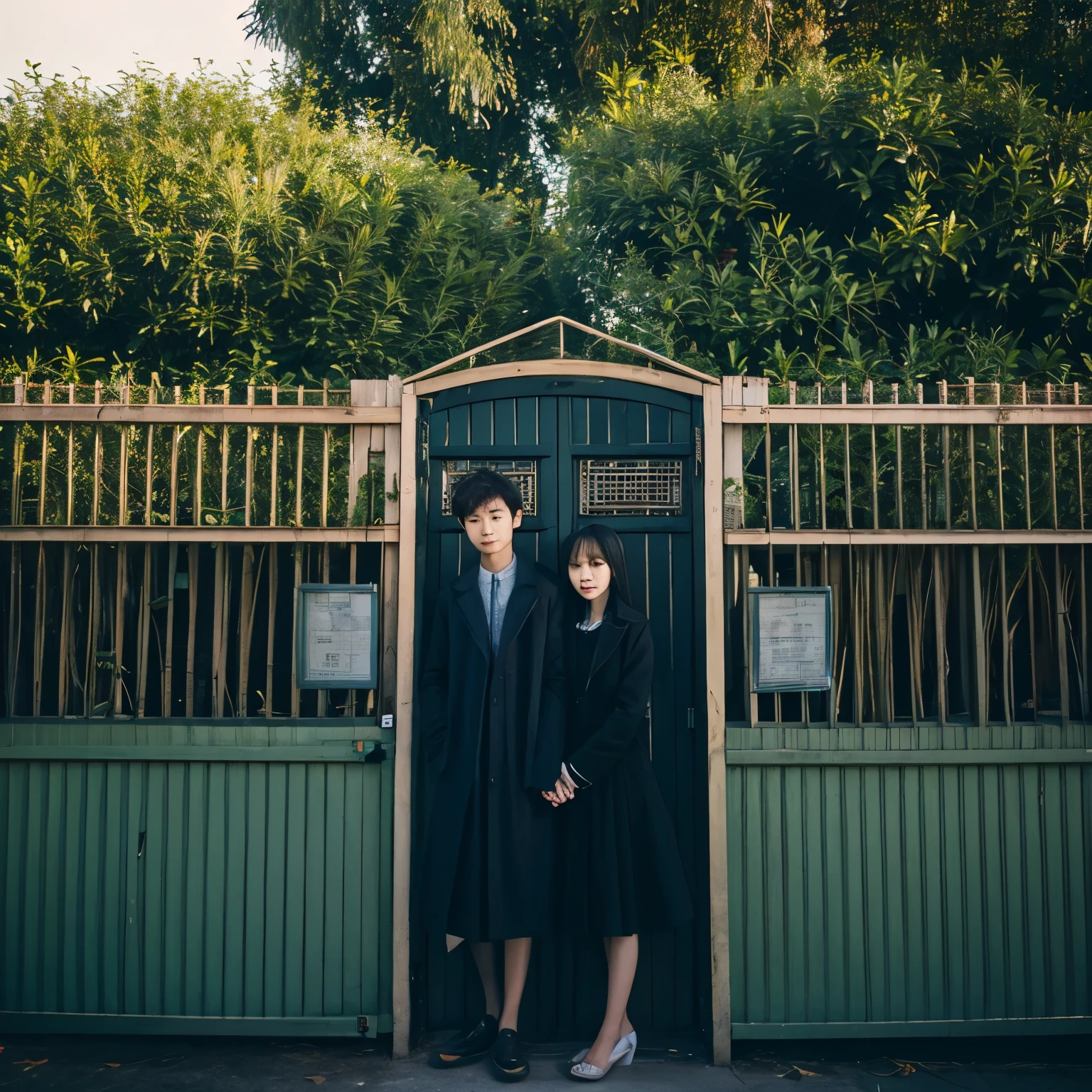 two people inside the tall fence