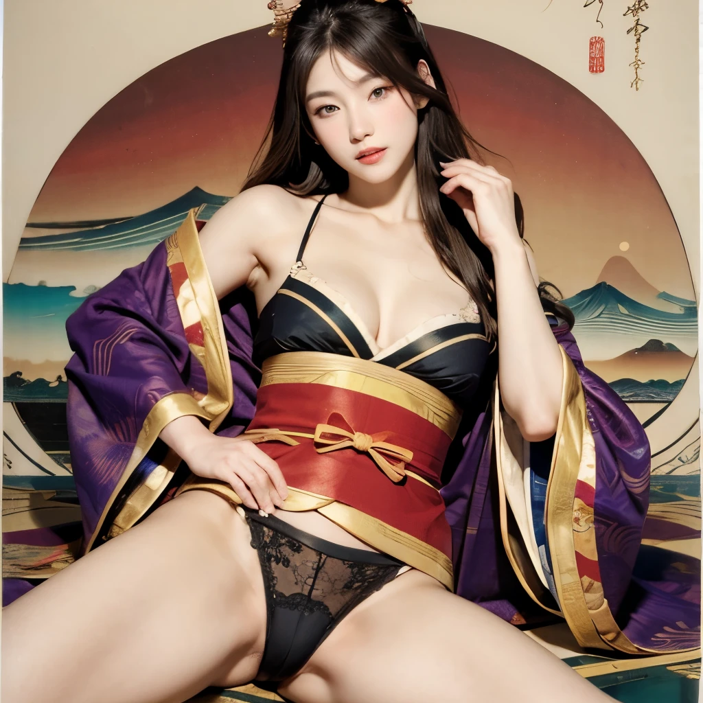 (Masseter muscle film、top quality、Ukiyo-e style、mystery、Exquisite and beautiful、official art、Sharaku:1.2)、(1 girl in:1.3)、(Fractal art:1.3)、cowboy shooting、fair skin、(beautiful brunette、kimono:1.2)、Set against the backdrop of traditional Japanese performing arts、colorful、(reel、Belongs to Japanese style:1.2)、skin glowing、spread your legs，Camel toe showing thigh!!!、