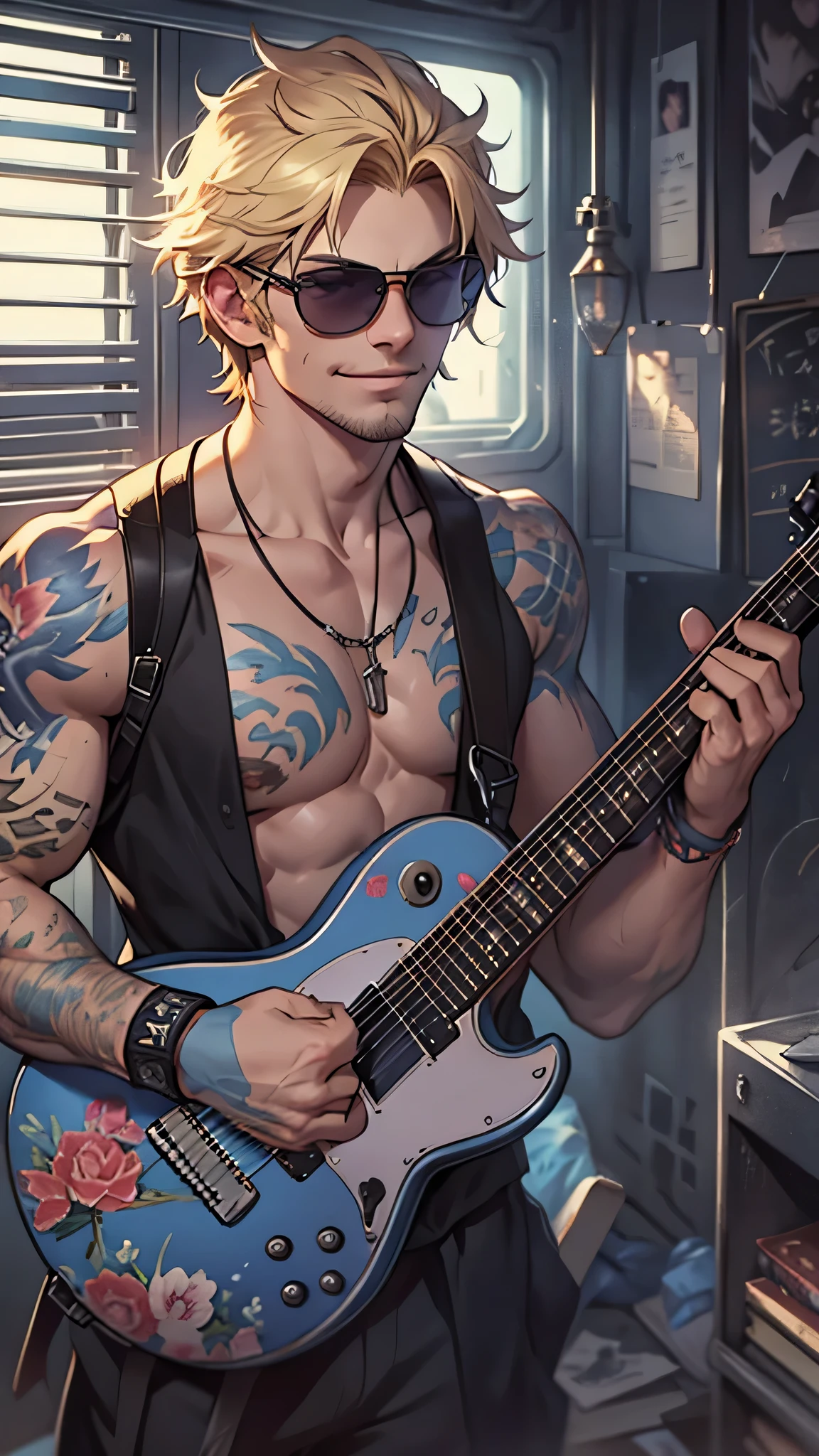 最high quality、best image quality、masterpiece、male((20-year-old、 By becoming、wide open breast tea、輝くeye, blonde、shortcut、Wristband、stubble、muscular、eye、sunglasses、full body tattoo、smile、have a guitar、guitar playing、barテンダーの衣装)),high quality、beautiful art、background((Tokyo,bar))、Flight、debris flies、Depth of written boundary、movie、visual art、perfect art、8k,genuine、