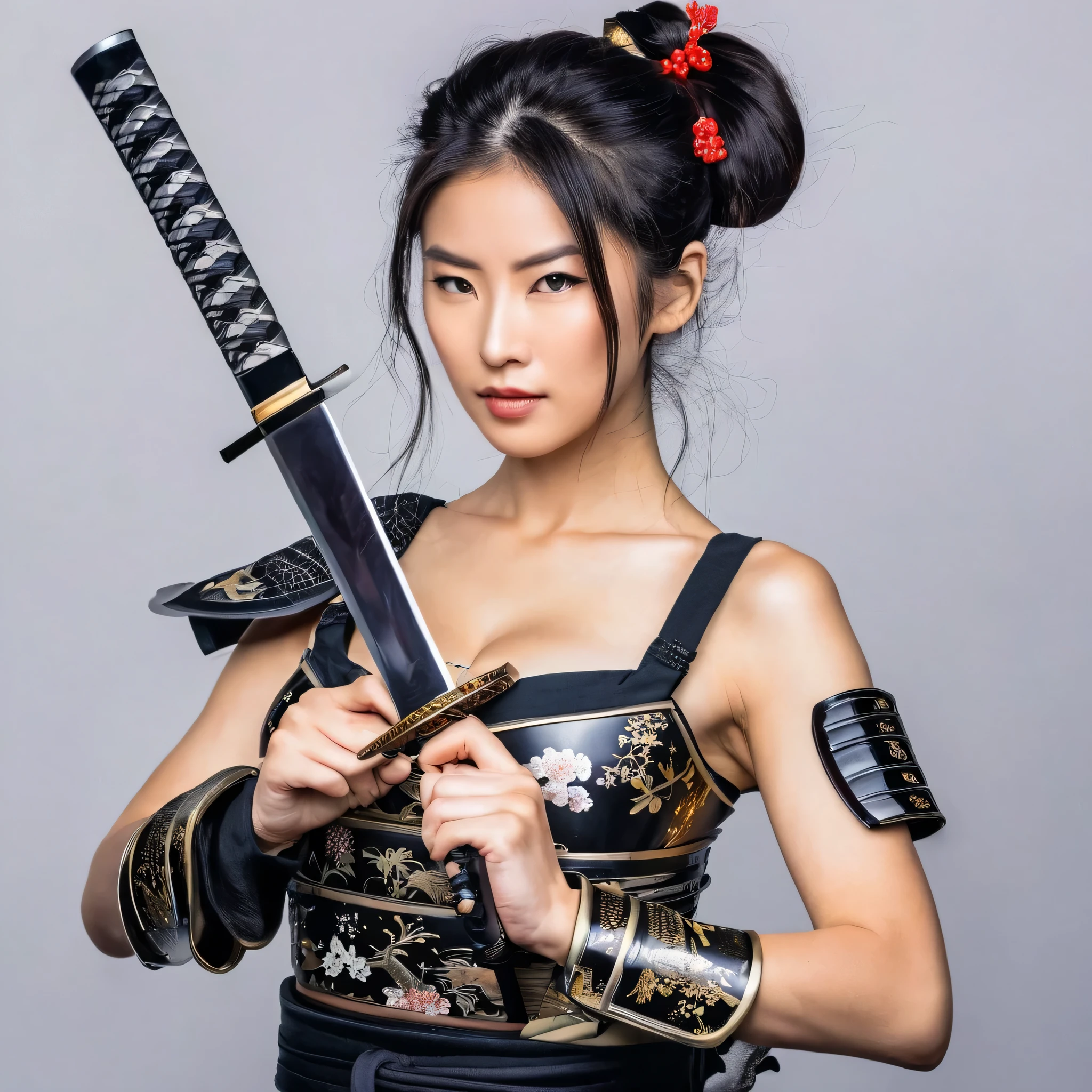 Samurai girl in an iron bra, large katana in hands 