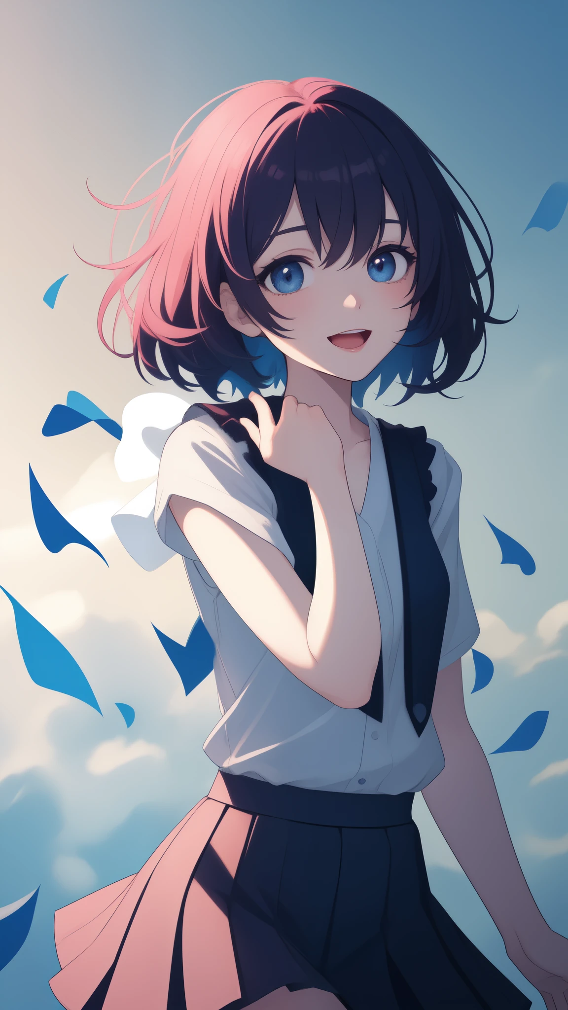 (best quality,masterpiece:1.2,ultra-detailed), kawaii, 1girl, beautiful detailed eyes, (dropping eyes), beautiful detailed lips, alternative hair color, gradient hair, short hair, a short skirt, soft lighting, vibrant colors, (happy expression), turning, tilt head, slightly open mouth,
