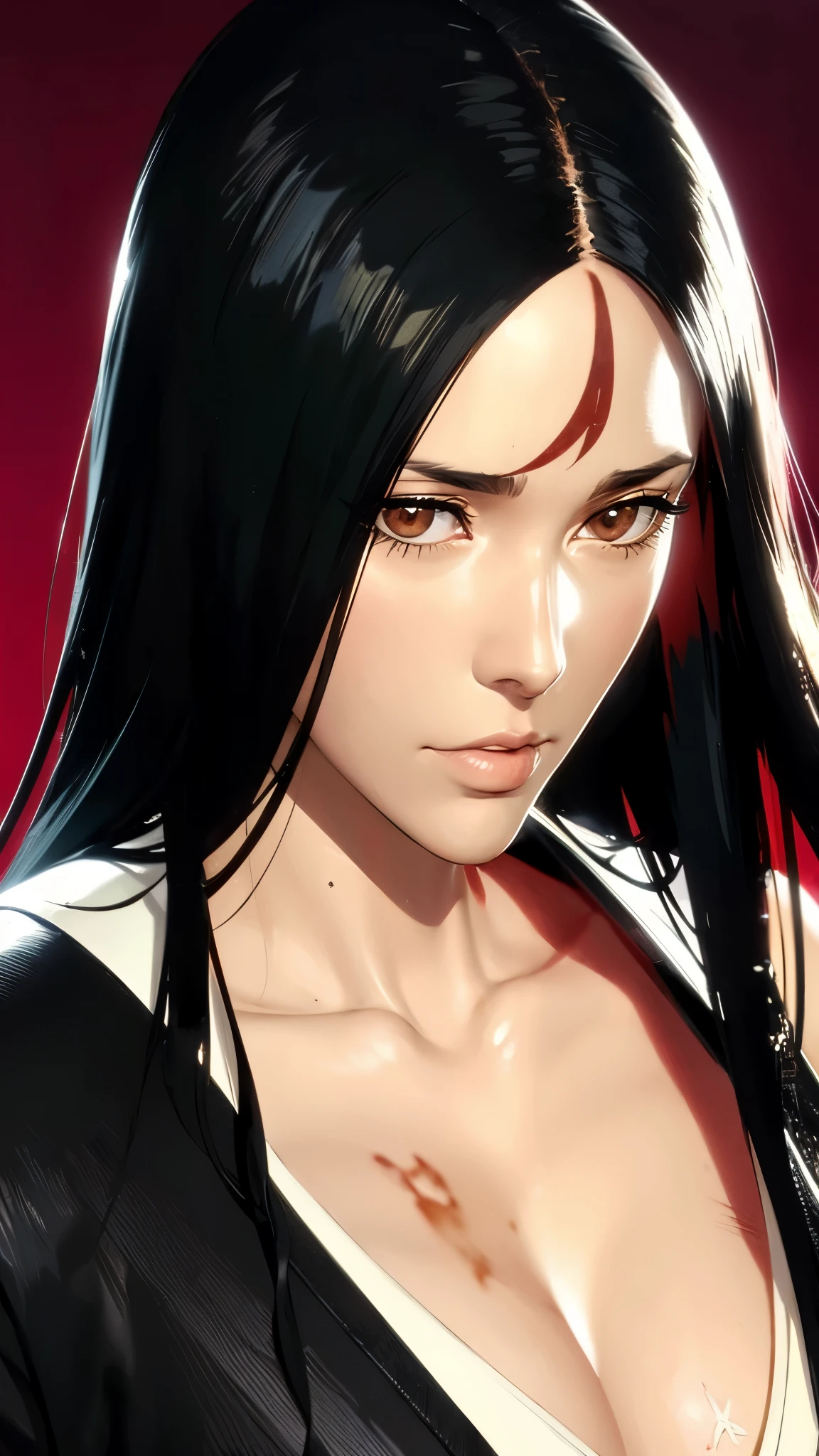 （（（完美figure，figure，black Japanese clothing,feather woven, （（（bleach，（（（Scars on the chest）））, red eyes,unohana））），S型figure:1.7））），((masterpiece)),high resolution, ((Best quality at best))，masterpiece，quality，Best quality，（（（ Exquisite facial features，looking at the audience,There is light in the eyes，Happy，***********nterlacing of light and shadow，huge ））），（（（looking into camera，fighting stance，red background，Blood）））