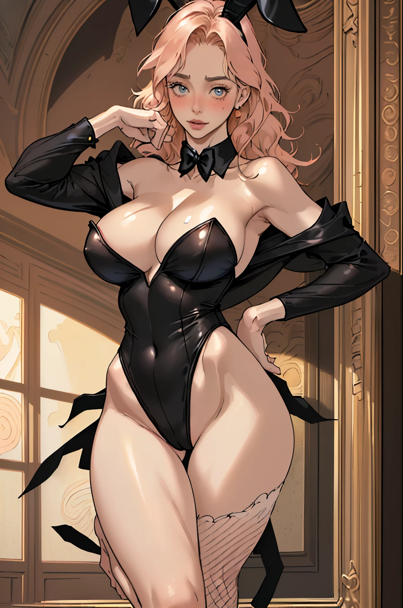 (((masterpiece, highest quality, High resolution)))), Highly detailed 8K, (mature woman:1.5) (ultra hd, super detailed, very detailed, very realistic, Super realistic, realistic pictures), (1 girl:1.5), (alone:2), (very cute), (redhead), (white skin:1.5) long wavy hair, black eye, smile, parted lips, (huge breasts:1.2), Bedroom, sexy pose, cute face, abdomen, clavicle, (Black Playboy Bunny Suit, high leg leotard), fascinating look, enchanting eyes, Reminiscent expression, indoor, cowboy shot, from below, off shoulder, bare shoulders, Komertu, put your hands behind your back, (barefoot) (blush:1.3),Fishnet tights