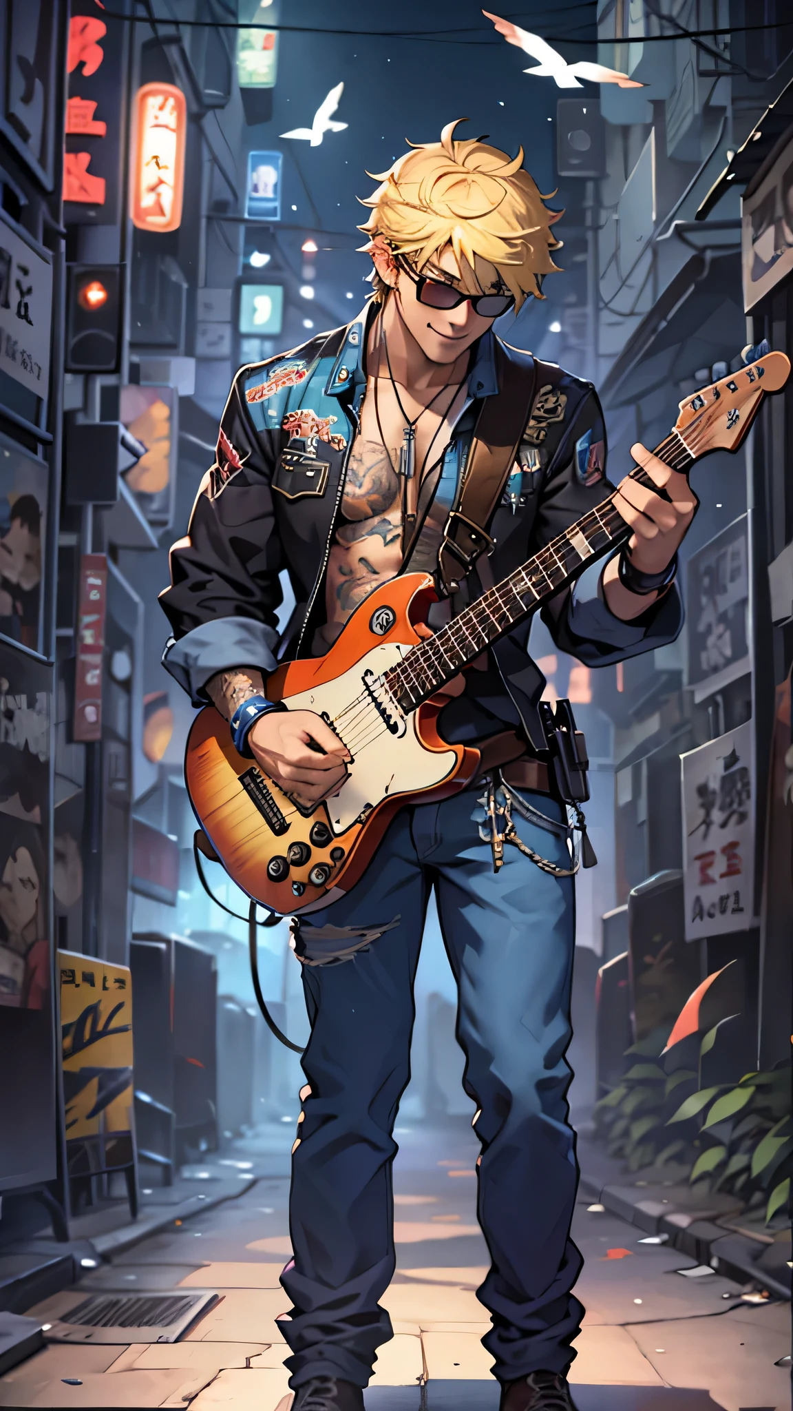 最high quality、best image quality、masterpiece、male((20-year-old、 By becoming、wide open breast tea、輝くeye, blonde、shortcut、Wristband、stubble、muscular、eye、sunglasses、full body tattoo、smile、have a guitar、guitar playing、Rock Costumes)),high quality、beautiful art、background((Tokyo,bar))、Flight、debris flies、Depth of written boundary、movie、visual art、perfect art、8k,genuine、