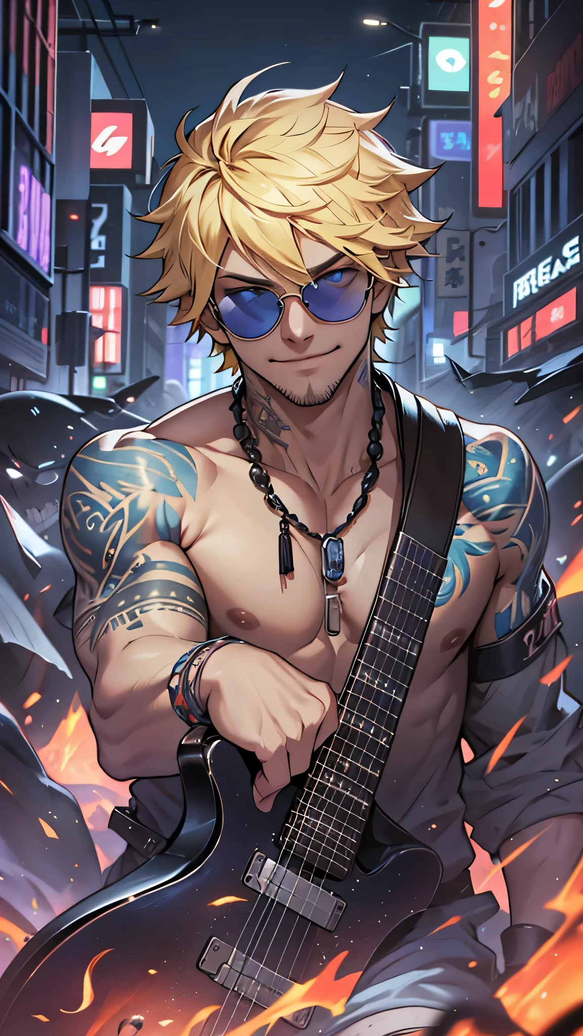 最high quality、best image quality、masterpiece、male((20-year-old、 By becoming、wide open breast tea、輝くeye, blonde、shortcut、Wristband、stubble、muscular、eye、sunglasses、full body tattoo、smile、have a guitar、guitar playing、Rock Costumes)),high quality、beautiful art、background((Tokyo,bar))、Flight、debris flies、Depth of written boundary、movie、visual art、perfect art、8k,genuine、