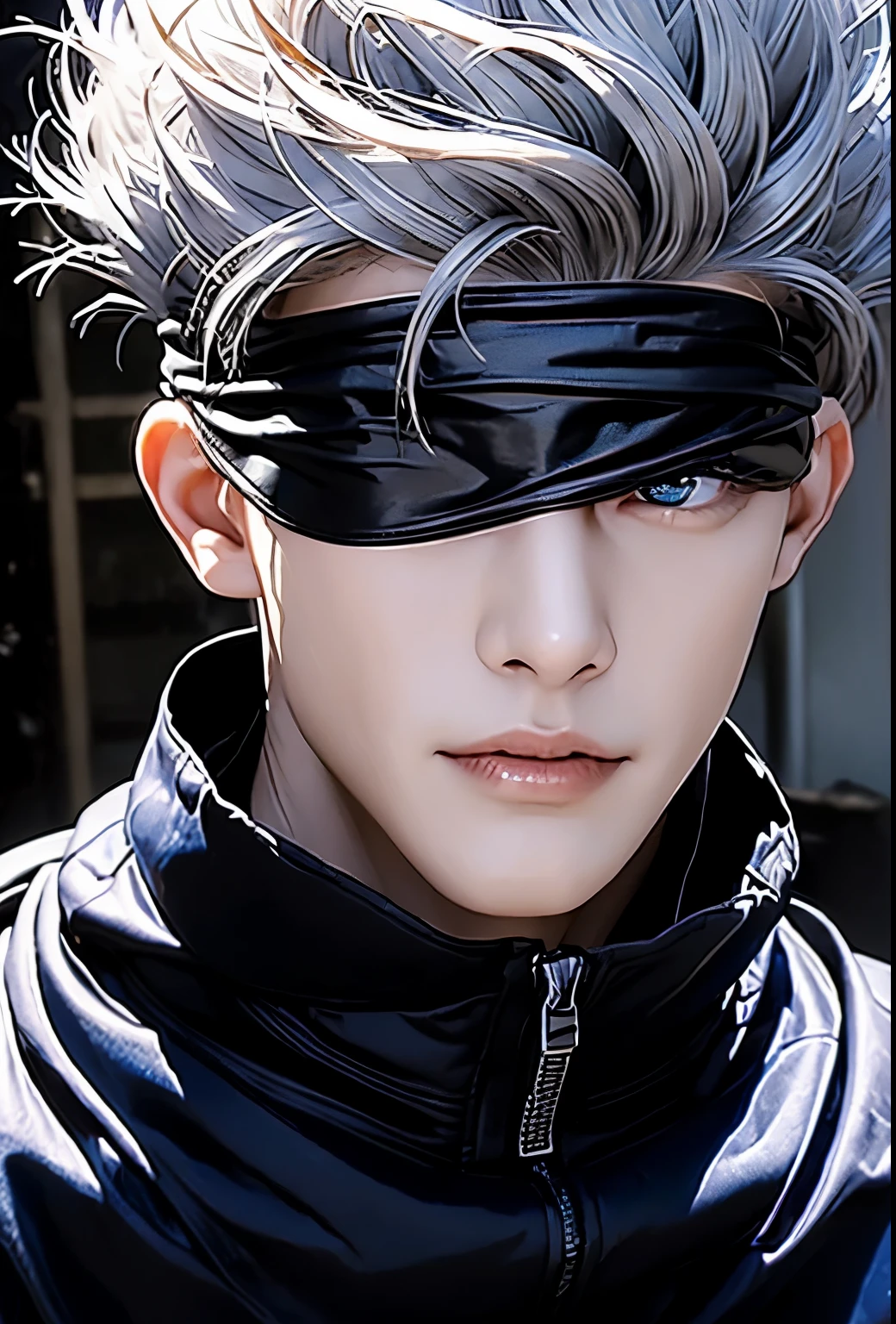 Envision a hyper-realistic image of a man with striking features, bringing to life the character of Gojo Satoru from Jujutsu Kaisen. His silver hair, short and unruly, frames a well-proportioned, small face that captures his sharp and attractive features. His eyes, a vivid blue, are hidden behind a blindfold, yet his face conveys the confidence and playful smirk that Gojo is known for.

His build is lean and his posture relaxed yet poised, wearing a form-fitting black turtleneck that complements his stature. The texture of his clothing suggests quality and precision, fitting for his character’s refined strength. The background should be subtle, directing the focus to his mysterious and enigmatic presence, which is underscored by the iconic blindfold—a symbol of his unique abilities and charismatic nature.