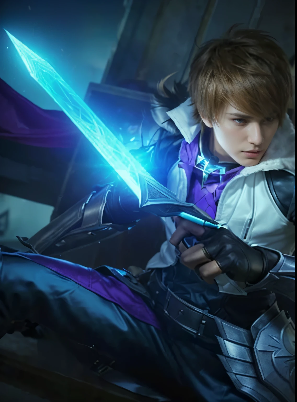 Extremely realistic, Ultra detailed, (A Man), 1boy, close up of a person holding a sword in a room, by Yang J, heise jinyao, by Ren Renfa, ezreal (league of legends, glaive, splash art, sakimichan, kda, mobile legends, sylas, leblanc, lance, league of legends character, sakimichan frank franzzeta, Realistic weapons, hyper realistic face, hyper realistic clothes and armor, ultra detailed hair, detailed background, hyper realistic background, (Hyper realistic body), (hyper realistic armor), (hyper realistic finger hand), Cinematic