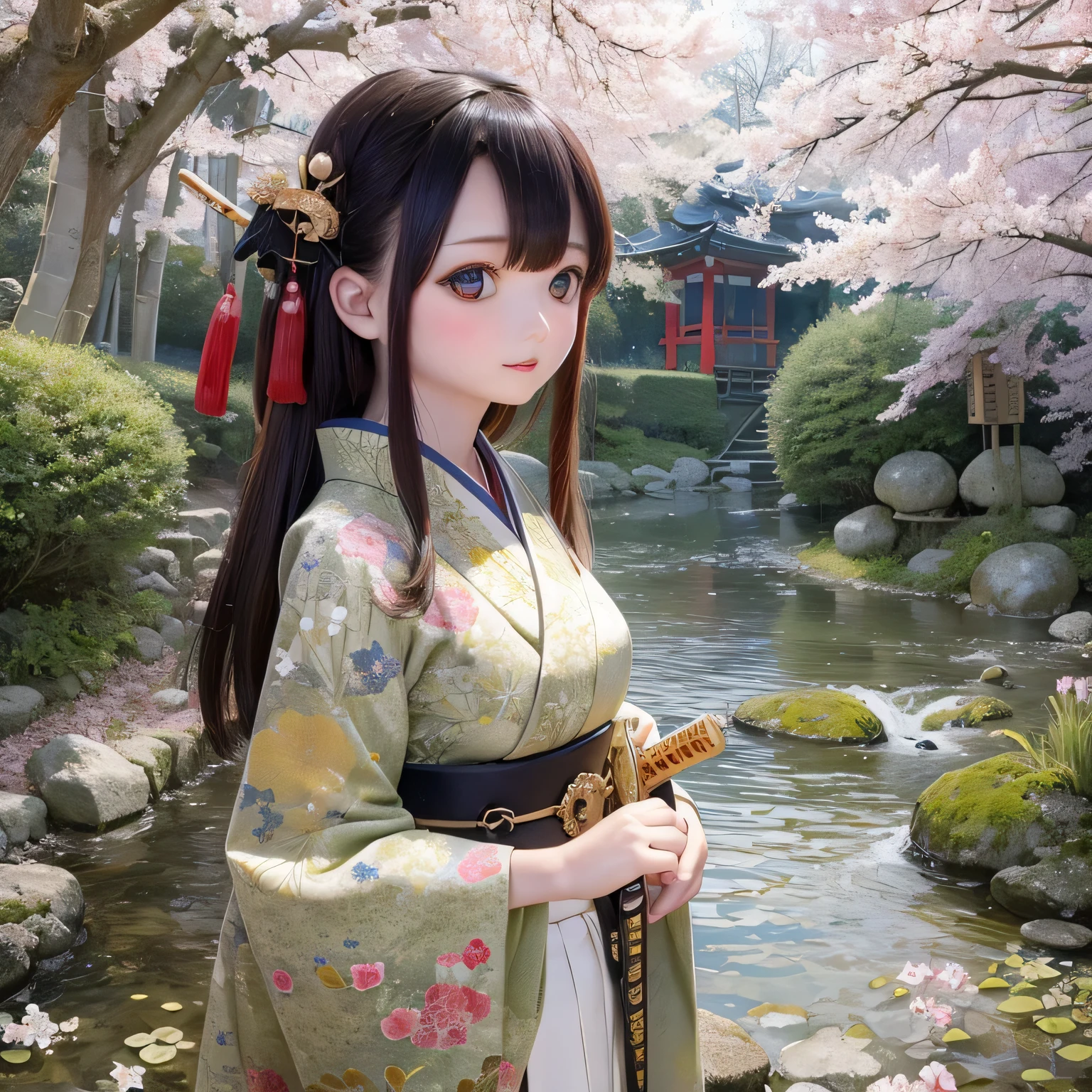 (High resolution, realistic:1.2),(detailed and beautiful eyes,dense and beautiful lips,highly detailed eyes and face,long eyelashes),(rural scenery,calm atmosphere),(Shiba Inu girl:1.1),(soft lighting),(oil painting style),(Lush green fields,Quiet river),(traditional japanese house),(flowing traditional kimono),(colorful flowers),(bird flying in the sky),(bamboo forest),(sunlight filtering through the trees)(((Cherry tree in full bloom)))(((((Hold a Japanese sword))))))(((Sword without sheath)))