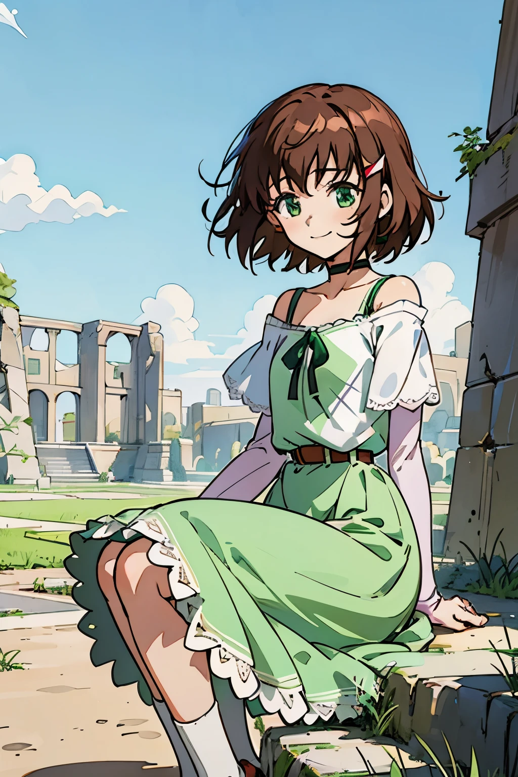 shoko sashinami, valvrave, 1 girl, brown hair, green eyes, fantasy world, ruins, folk, beautiful sky, shining sky, sunshine, smiling, belt, ribbon choker, black choker, ribbon, wind blowing dress, lace dress, black camisole and white sweater, off-shoulder sleeves, squat, sit on the ground