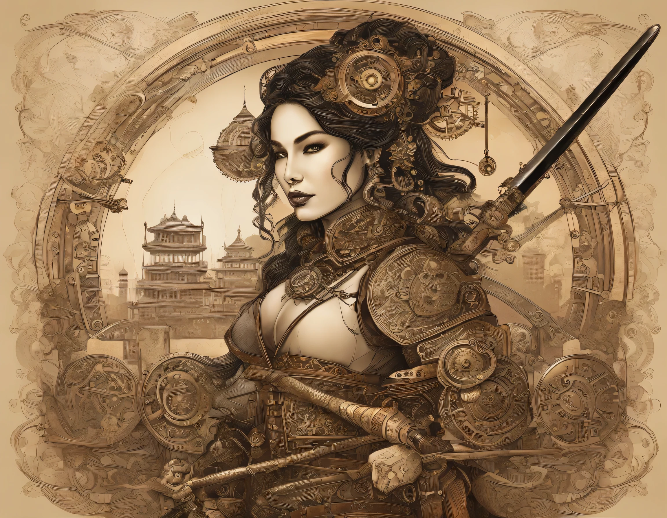 Samurai girl in an iron bra and with a large katana behind her back.