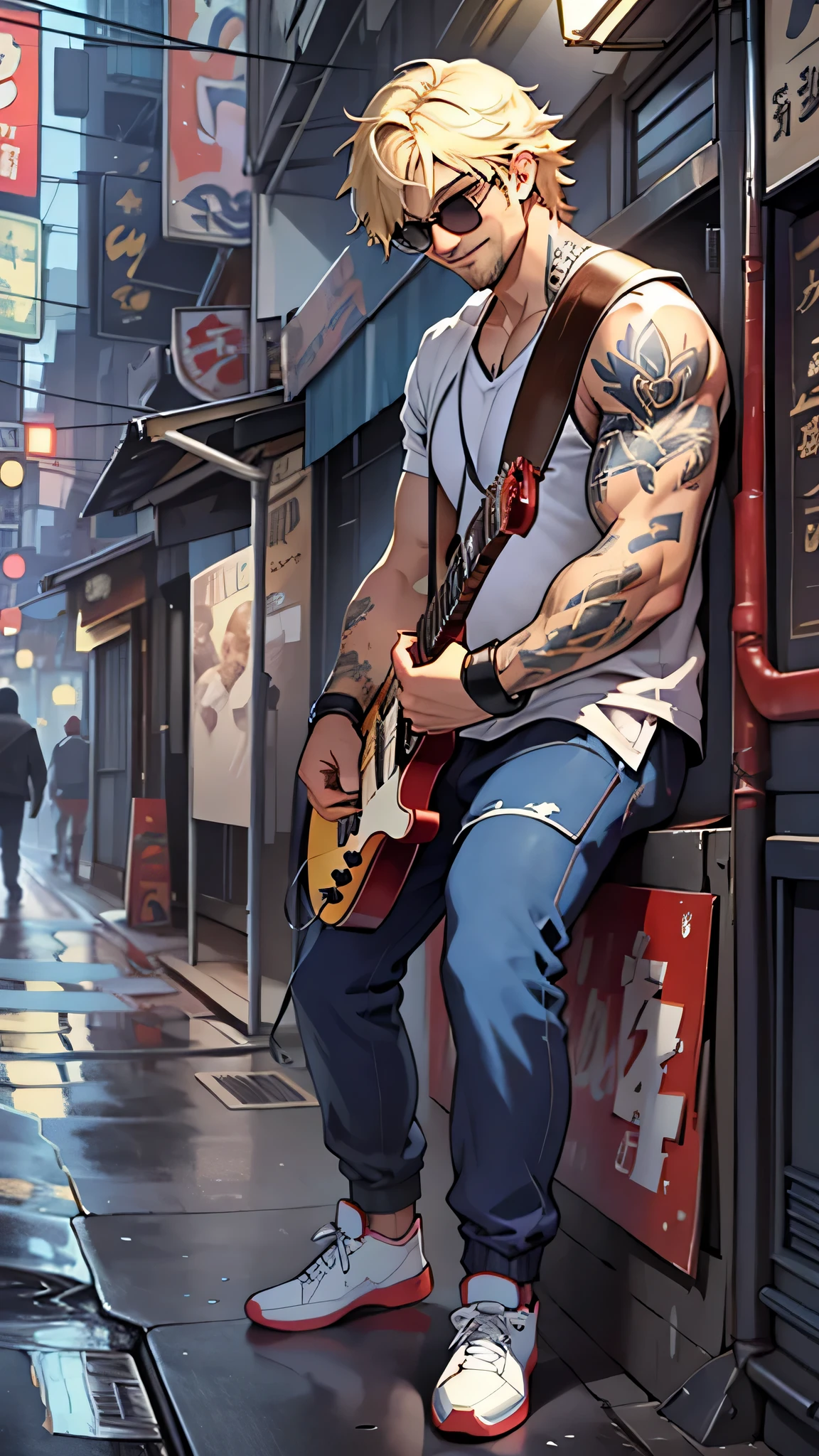 最high quality、best image quality、masterpiece、male((20-year-old、 By becoming、wide open breast tea、輝くeye, blonde、shortcut、Wristband、stubble、muscular、eye、sunglasses、full body tattoo、smile、have a guitar、guitar playing、Rock Costumes、)),high quality、beautiful art、background((Tokyo,bar))、Flight、debris flies、Depth of written boundary、movie、visual art、perfect art、8k,genuine、