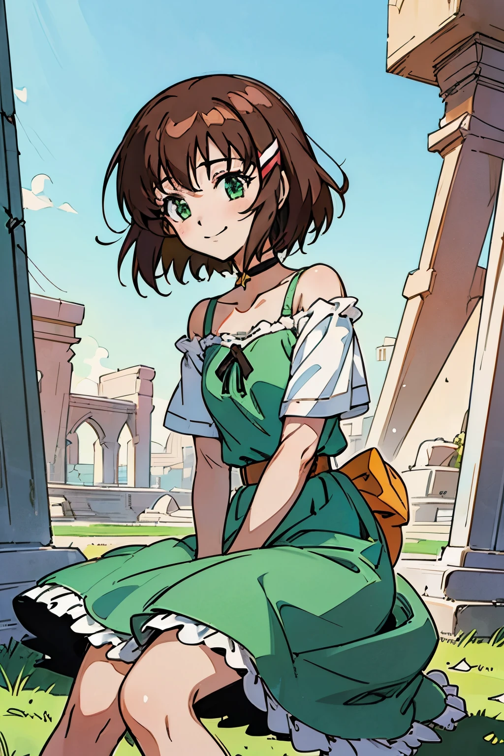 shoko sashinami, valvrave, 1 girl, brown hair, green eyes, fantasy world, ruins, folk, beautiful sky, shining sky, sunshine, smiling, belt, ribbon choker, black choker, ribbon, wind blowing dress, lace dress, black camisole and white sweater, off-shoulder sleeves, squat, sit on the ground