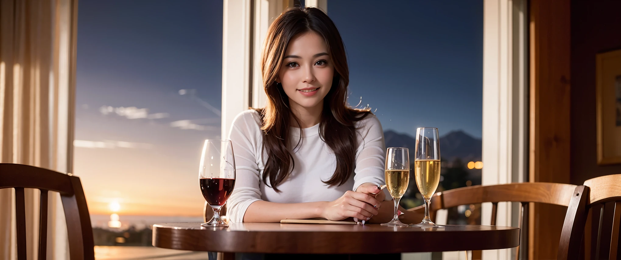 64k, Hmm, highest quality, masterpiece: 1.2), (realistic, photorealistic: 1.37), Spectacular view of the sunset sky and clouds、Amazing mountain views、3 slim beauties, (slim face),Happy、 the best smile、Fox face、Berry Short、(because I&#39;thin), (brown hair), (shortcut), long sleeve shirt、winter fashion、Colombian、Brazilian、Japanese、Dutch、German、Portuguese、Belgian、Italian、French,Champagne、sparkling wine、 (Squirting), (slim body), (brown hair), (shortcut), neat beauty、cheeks turn a little red, (40 years old), 38 years old, alone, A beautiful and detailed night view spreads out outside the window......, restaurant, wine glass is sitting, At night, in a prominent place (from the Upper body) nova frog style, actress, model, Upper body, White wine, slim, wine glass, Very beautiful night view, wine glass Put in the Middle, Happy smile, (smile: 1.15), 