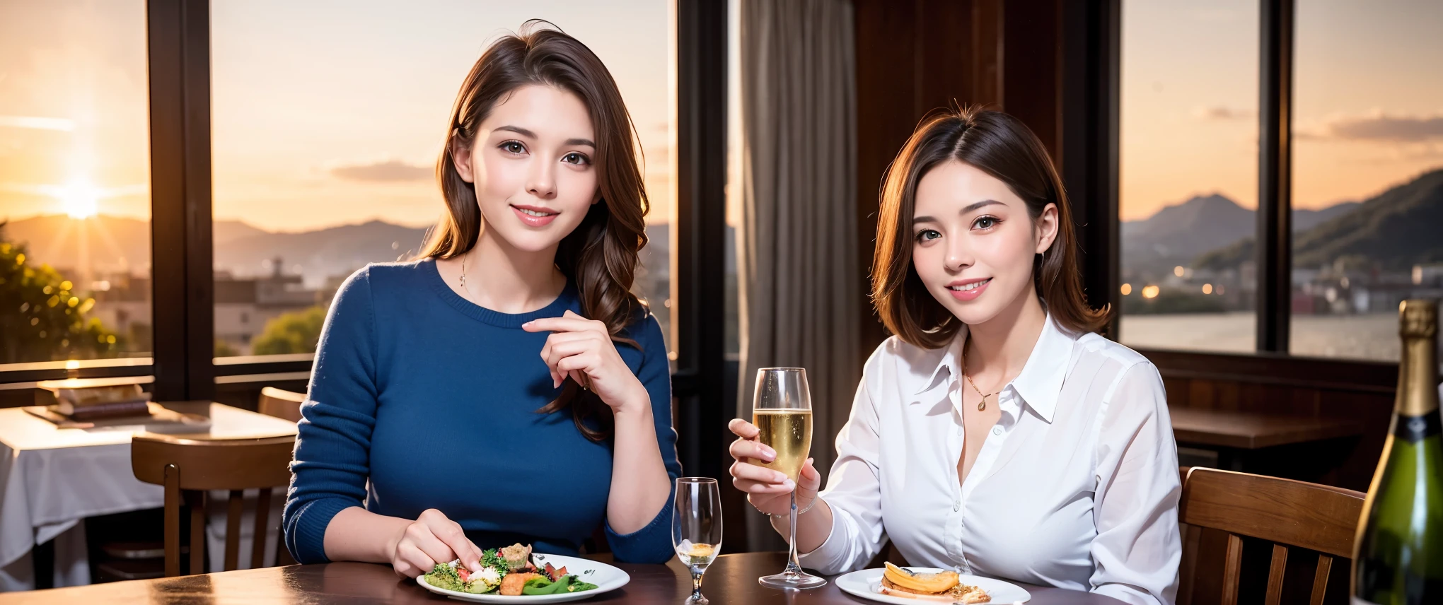 64k, Hmm, highest quality, masterpiece: 1.2), (realistic, photorealistic: 1.37), Spectacular view of the sunset sky and clouds、Amazing mountain views、3 slim beauties, (slim face),Happy、 the best smile、Fox face、Berry Short、(because I'thin), (brown hair), (shortcut), long sleeve shirt、winter fashion、Colombian、Brazilian、Japanese、Dutch、German、Portuguese、Belgian、Italian、French,Champagne、sparkling wine、 (Squirting), (slim body), (brown hair), (shortcut), neat beauty、cheeks turn a little red, (40 years old), 38 years old, alone, A beautiful and detailed night view spreads out outside the window......, restaurant, wine glass is sitting, At night, in a prominent place (from the Upper body) nova frog style, actress, model, Upper body, White wine, slim, wine glass, Very beautiful night view, wine glass Put in the Middle, Happy smile, (smile: 1.15),