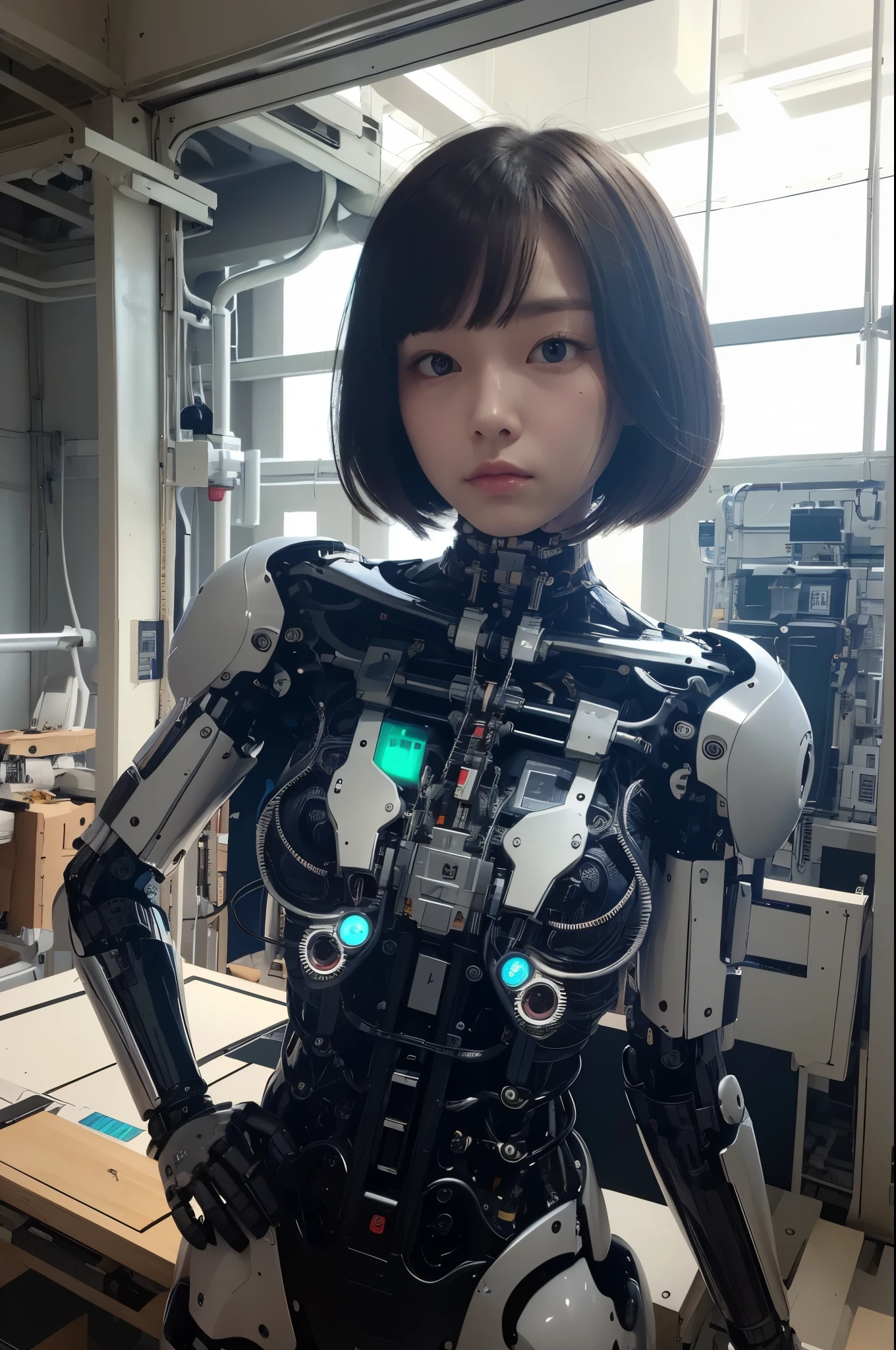 masterpiece, best quality, extremely detailed, Japaese android girl,Plump ,control panels,android,Droid,Mechanical Hand, Robot arms and legs,Blunt bangs,perfect robot girl,long tube,thick cable connected her neck,android,robot,humanoid,cyborg,japanese cyborg girl ,robot-assembly plant,She has assembled now,assembly scene,chest monitor,blue eyes