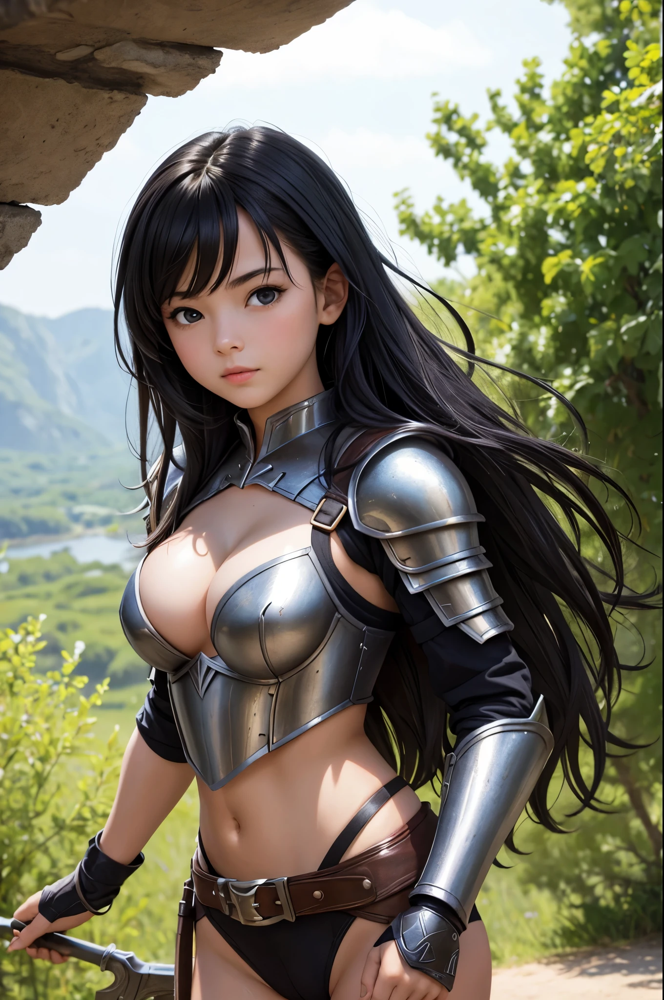masterpiece, best quality, 1girl, , adventurer, armor, cleavage, black hair,