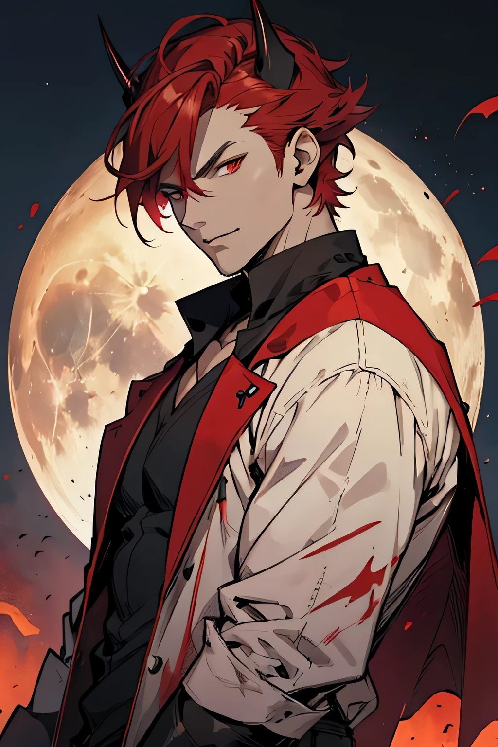 vampiro, estilo anime, cabelo vermelho, cabelo curto, blusa preta, homem, chifres vermelhos, olhos vermelhos, castle background in the night with moon in the sky, forte