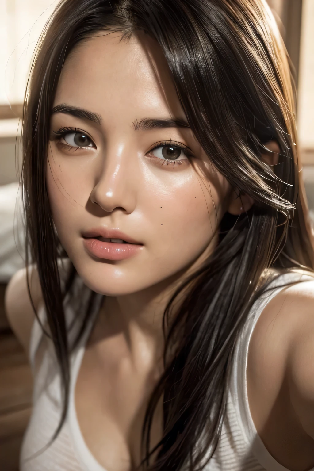 (8K, HDR, highres), ((((Photography, RAW photo, hyperrealism, masterpiece, best quality, ultra highres)))), (pin light, back light, backlighting, cinematic light), sharp focus:1. 4, (hyper detail, finely detailed), face close-up, close-up,
1girl, Egg-shaped face with cat-like eyes, small and plump lips, straight and cute nose, slightly blushing cheekbones, thick eyebrows and long and pretty eyelashes.