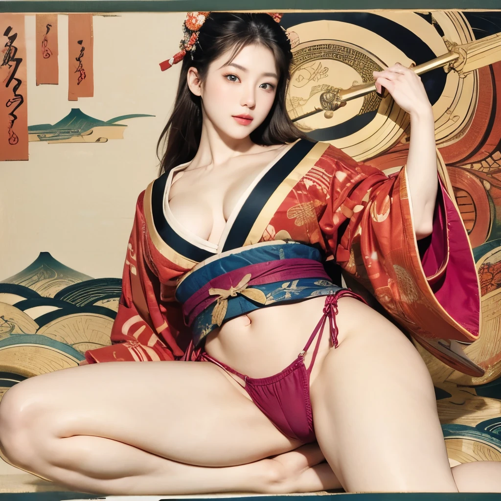 (Masseter muscle film、top quality、Ukiyo-e style、mystery、Exquisite and beautiful、official art、Sharaku:1.2)、(1 girl in:1.3)、(Fractal art:1.3)、cowboy shooting、fair skin、(beautiful brunette、kimono:1.2)、Set against the backdrop of traditional Japanese performing arts、colorful、(reel、Belongs to Japanese style:1.2)、skin glowing、spread your legs，Camel toe showing thigh!!!、